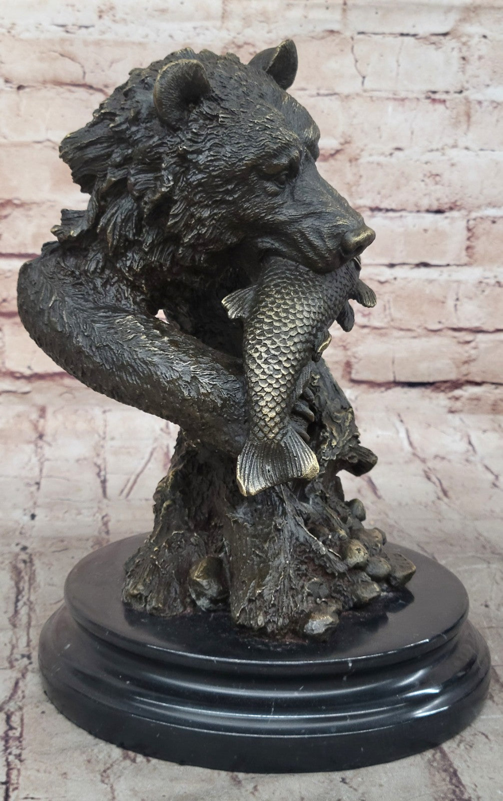 Bronze Sculpture Statue Bear Head Bust With Fish Marble Handcrafted Figurine Ar