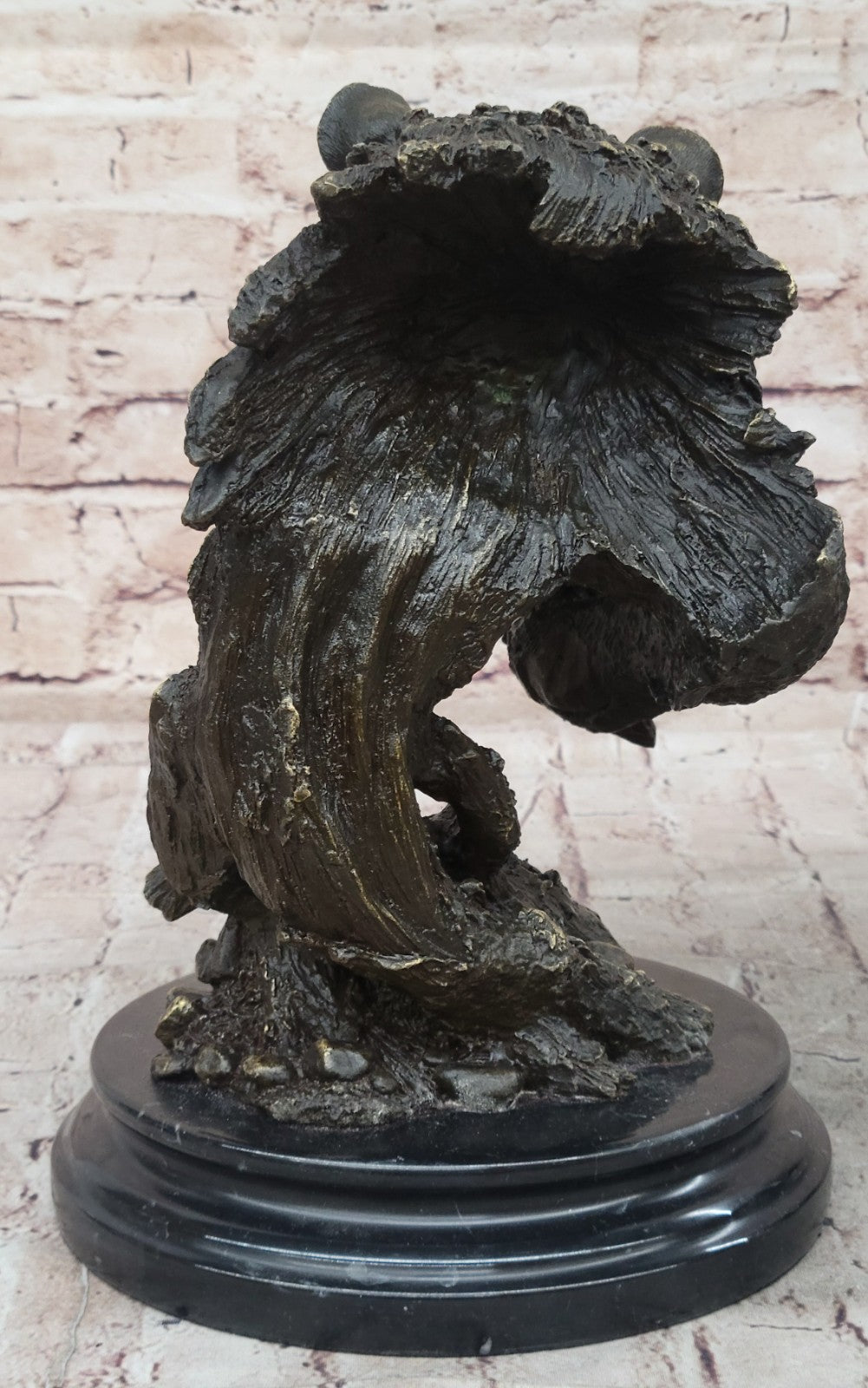 Bronze Sculpture Statue Bear Head Bust With Fish Marble Handcrafted Figurine Ar