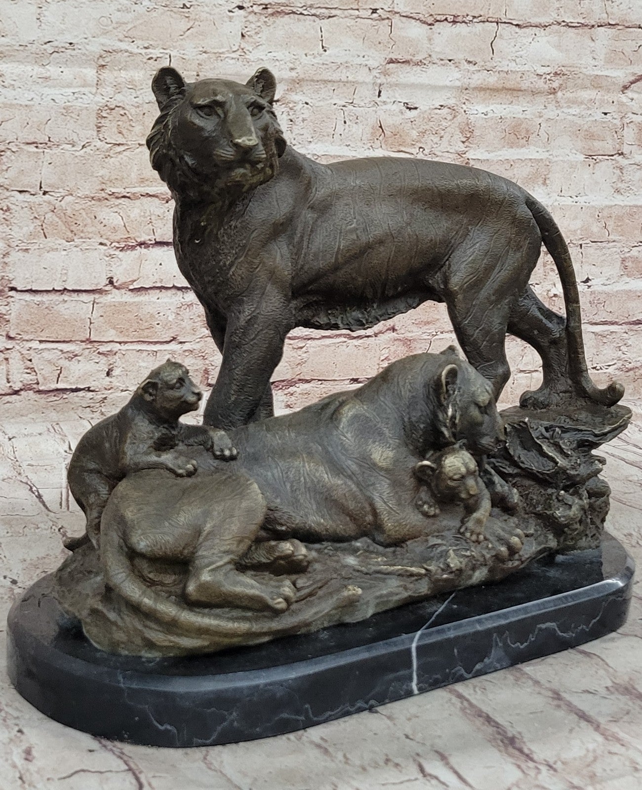 Collectible Lion Cougar Tiger Family Bronze Marble Sculpture Statue Figurine