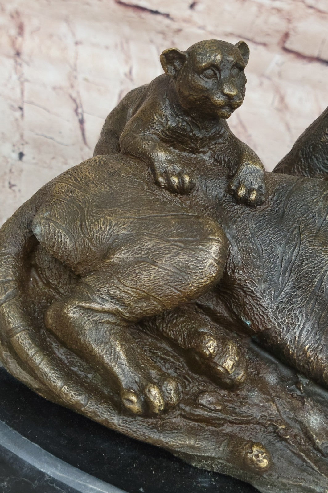 Collectible Lion Cougar Tiger Family Bronze Marble Sculpture Statue Figurine