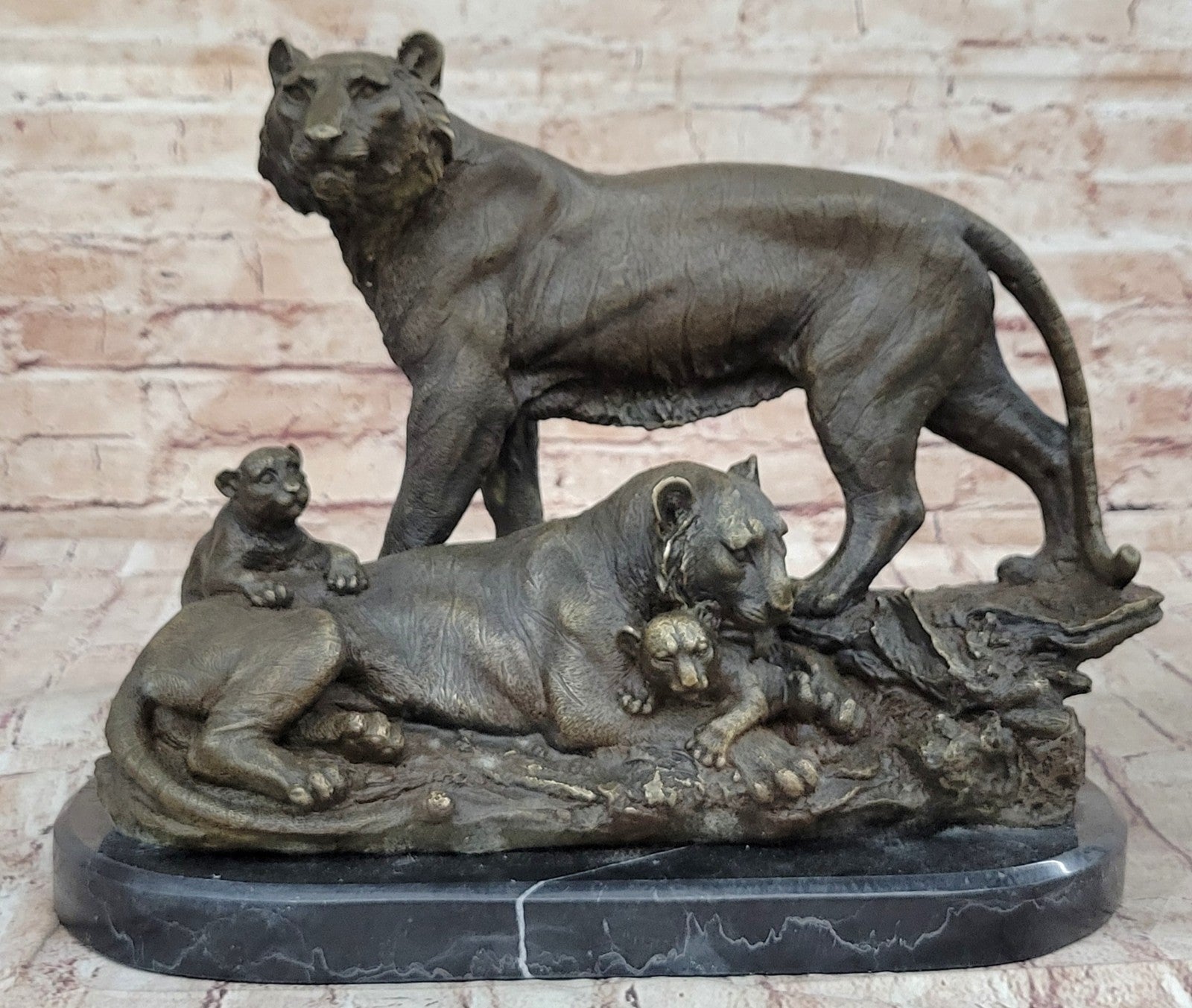 Collectible Lion Cougar Tiger Family Bronze Marble Sculpture Statue Figurine