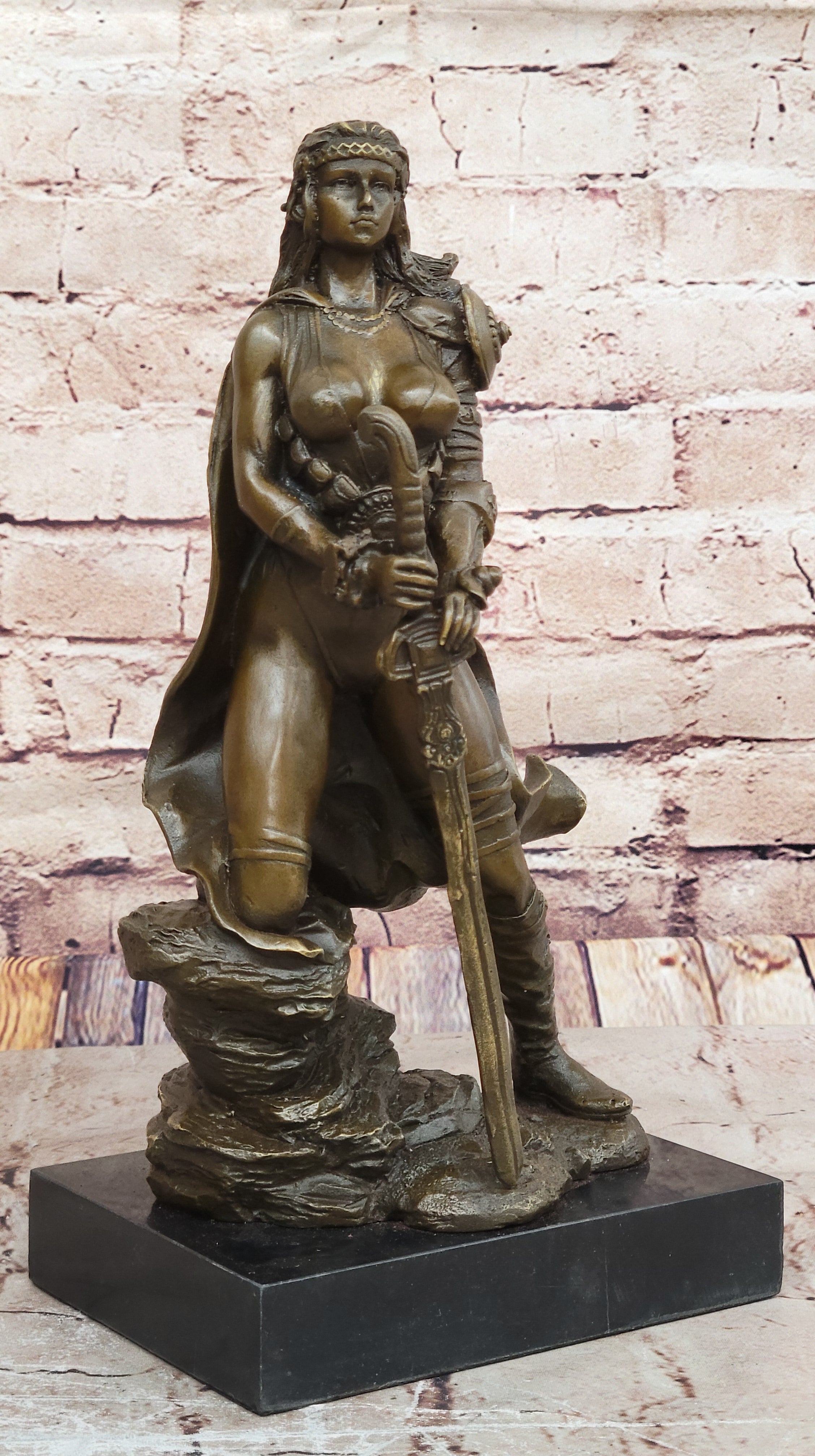 Signed Original Tough Amazon Warrior Girl Bronze Sculpture Statue Marble Figure