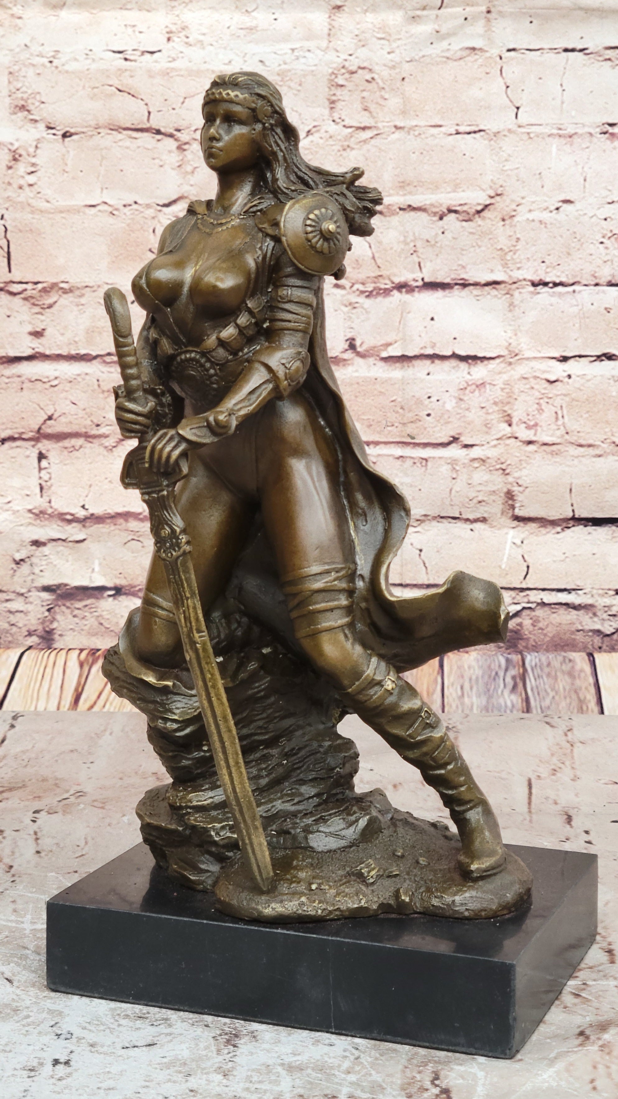 Signed Original Tough Amazon Warrior Girl Bronze Sculpture Statue Marble Figure