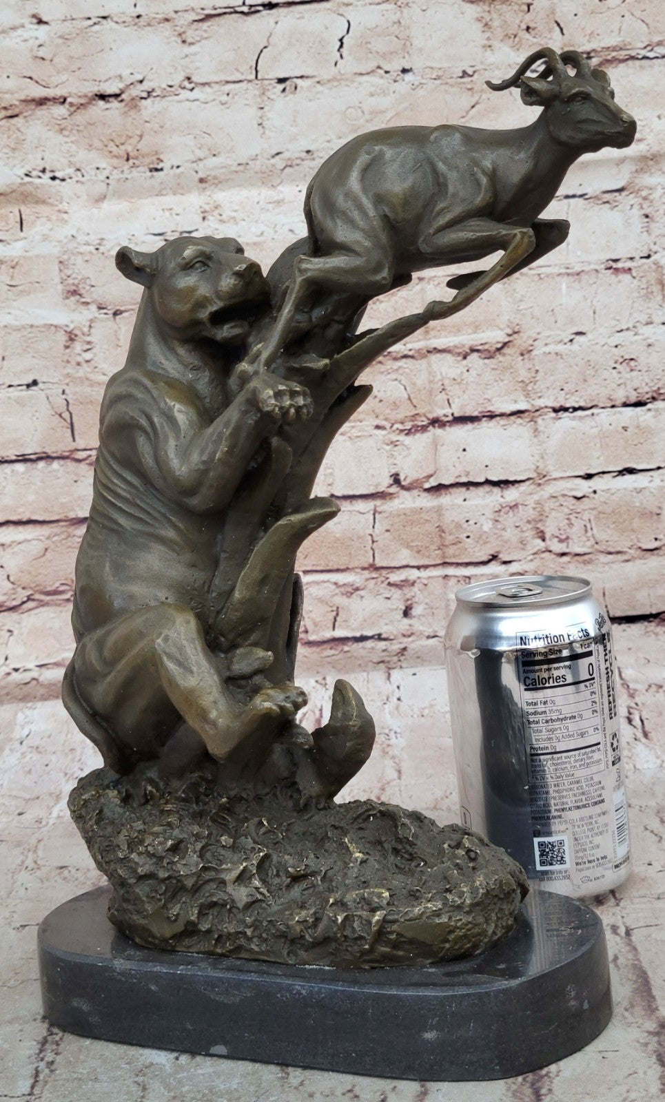 Art Deco Cougar Attacking Baby Gazelle Bronze Sculpture Marble Base Figurine