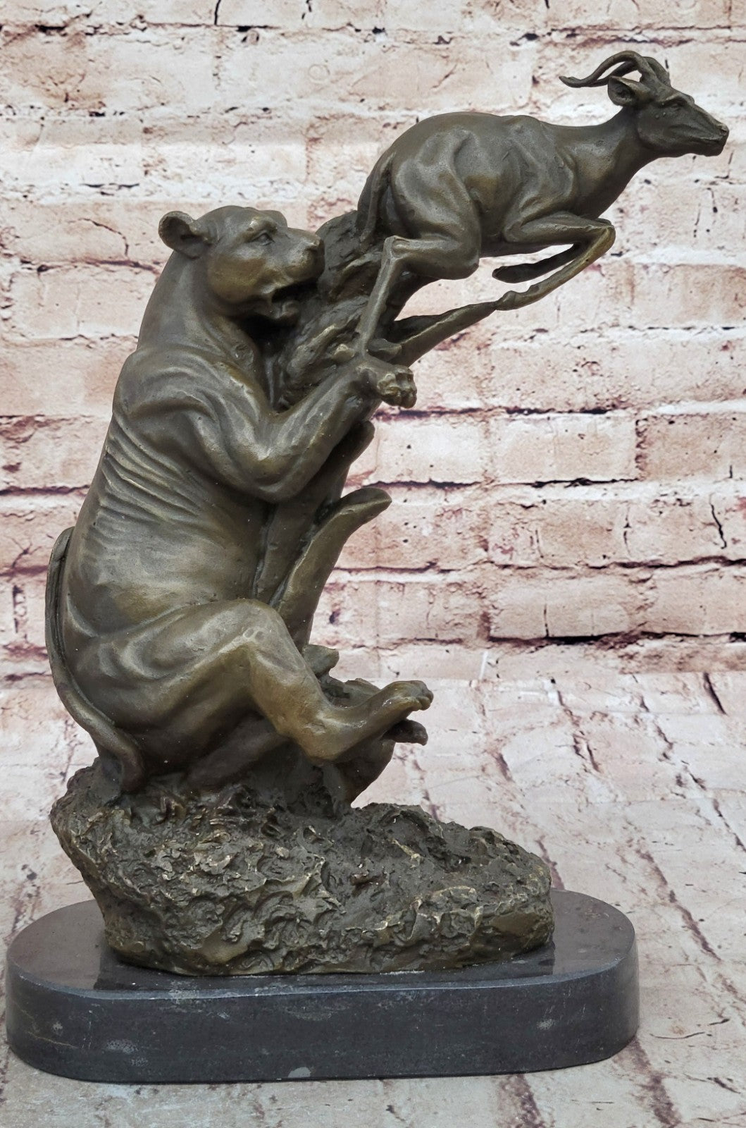 Art Deco Cougar Attacking Baby Gazelle Bronze Sculpture Marble Base Figurine