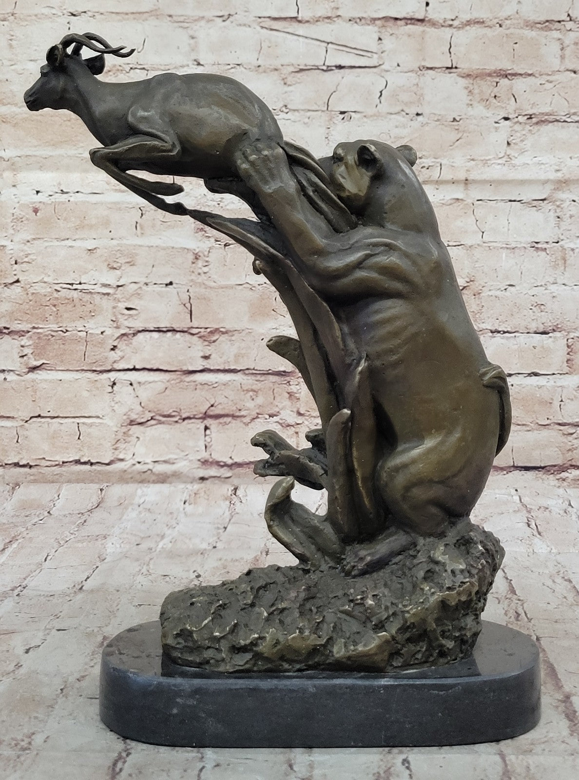 Art Deco Cougar Attacking Baby Gazelle Bronze Sculpture Marble Base Figurine