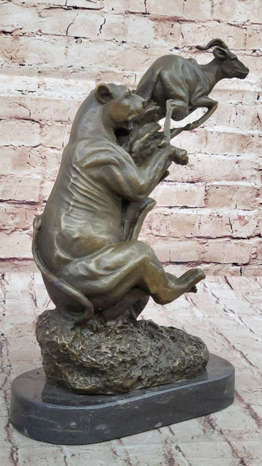 Art Deco Cougar Attacking Baby Gazelle Bronze Sculpture Marble Base Figurine