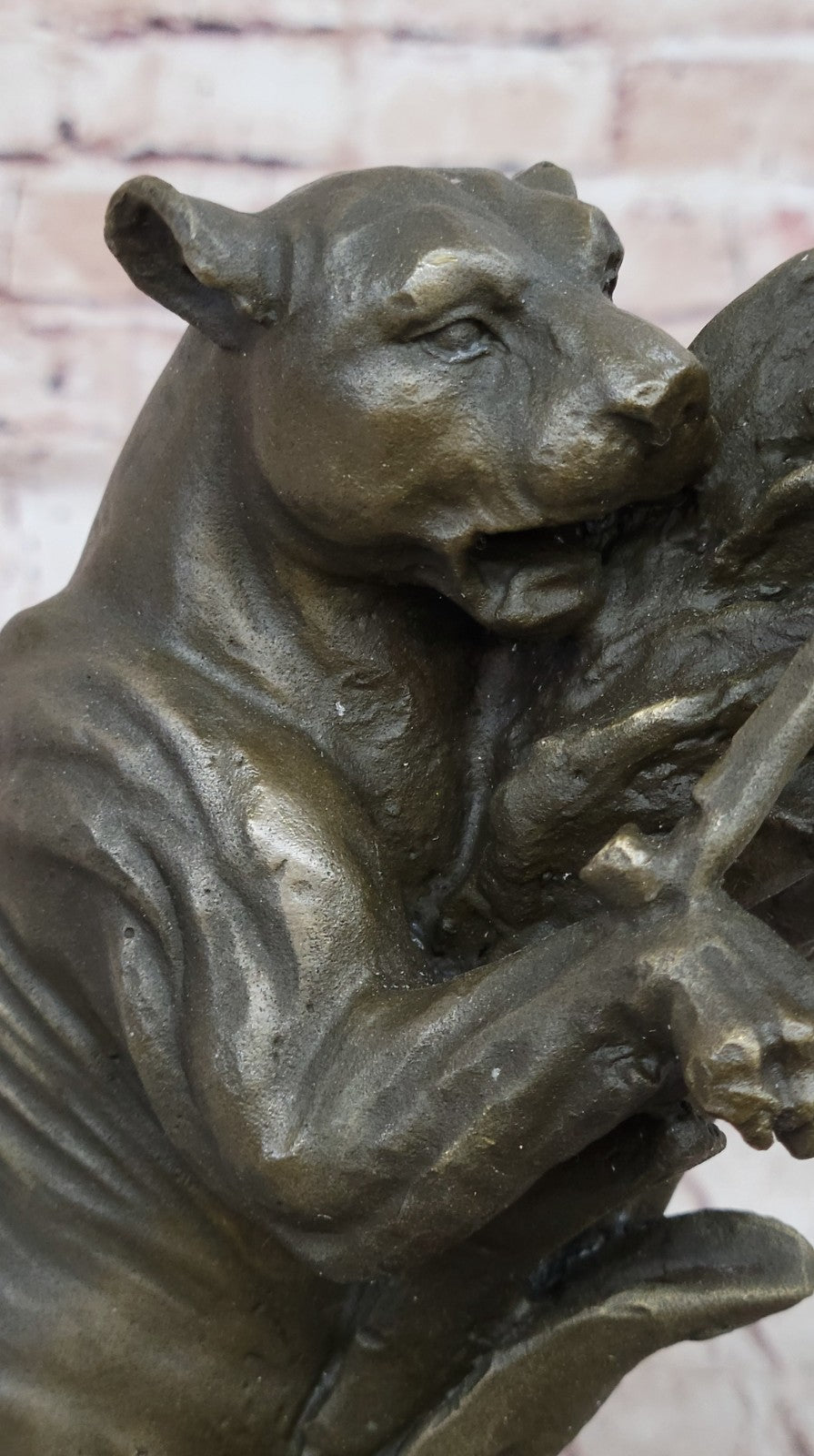 Art Deco Cougar Attacking Baby Gazelle Bronze Sculpture Marble Base Figurine