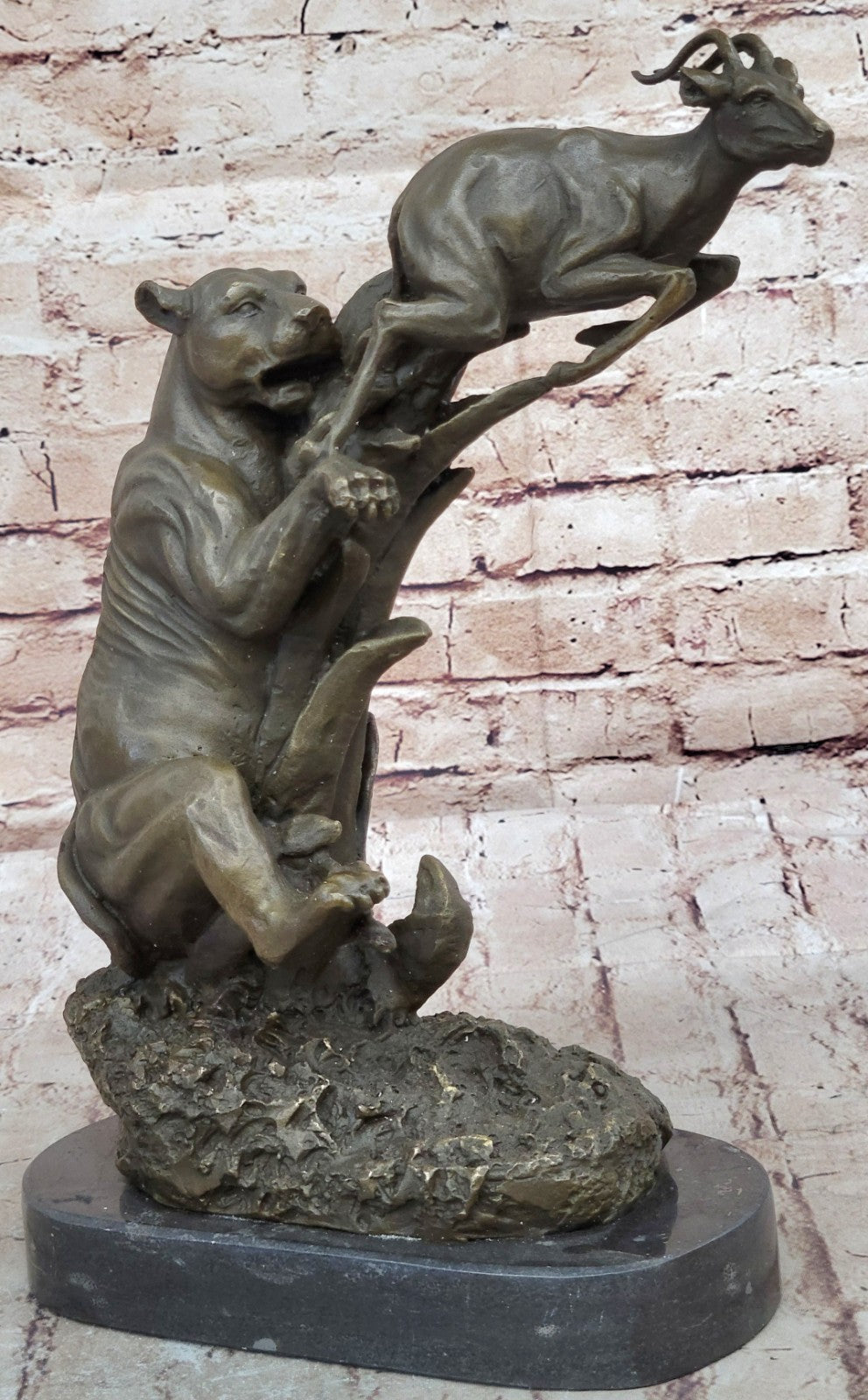 Art Deco Cougar Attacking Baby Gazelle Bronze Sculpture Marble Base Figurine