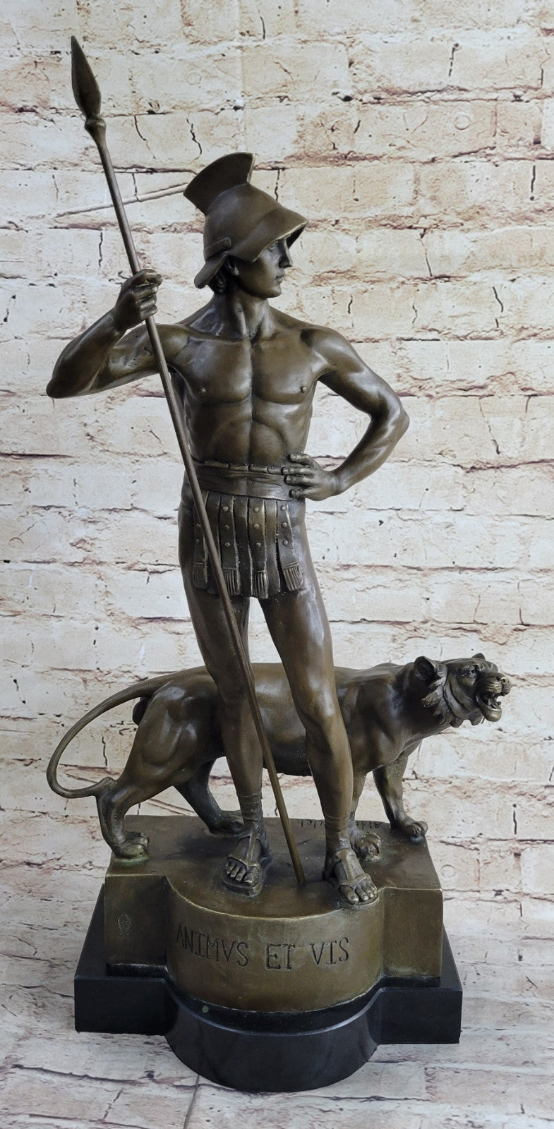 Art Deco/Nouveau Nude Male Warrior With Lion Bronze Sculpture Figurine Decoration