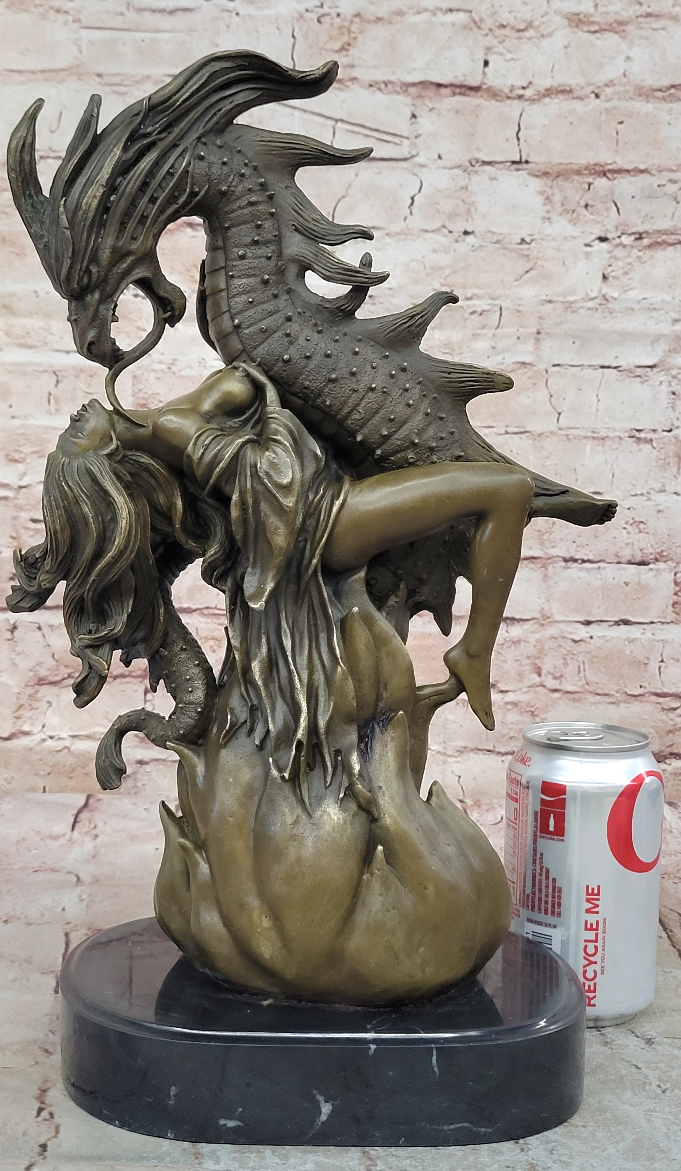 Handcrafted Hot Cast Nude Girl and Large Dragon Bronze Fantasy Sculpture Patoue