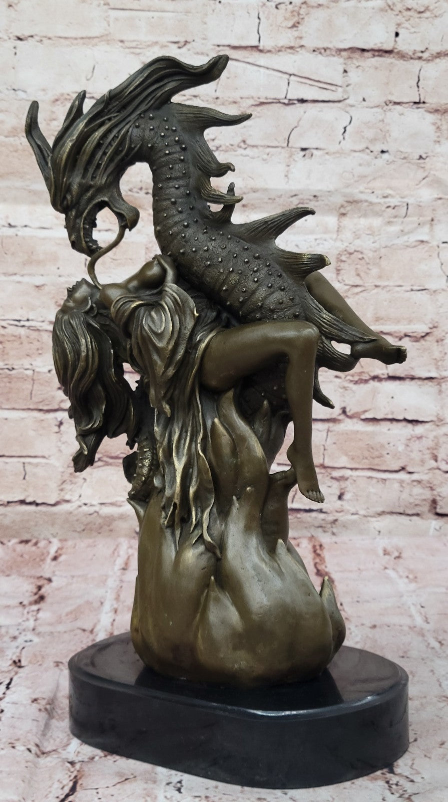 Handcrafted Hot Cast Nude Girl and Large Dragon Bronze Fantasy Sculpture Patoue