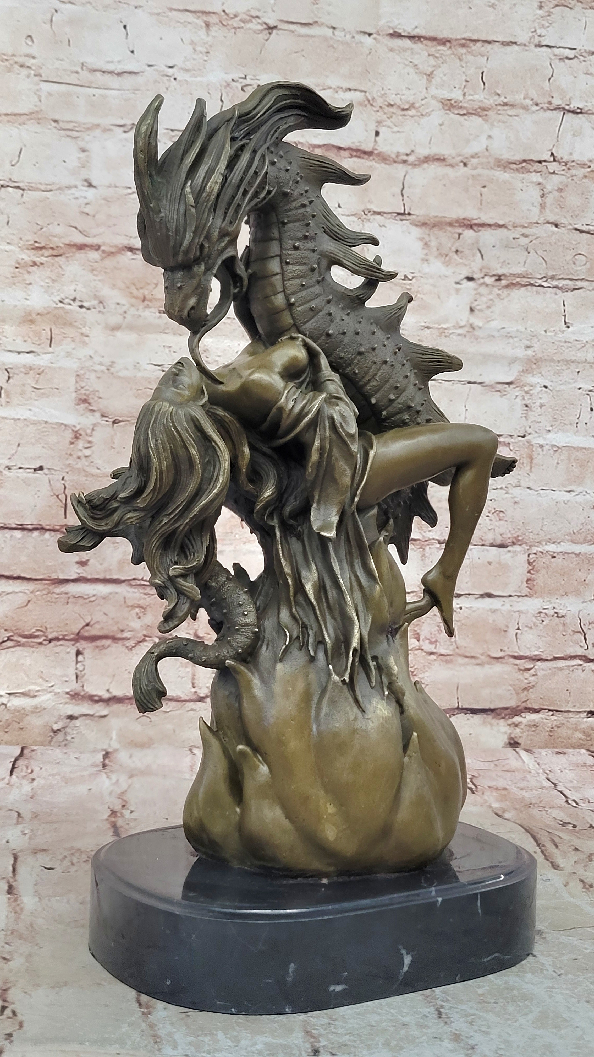 Handcrafted Hot Cast Nude Girl and Large Dragon Bronze Fantasy Sculpture Patoue