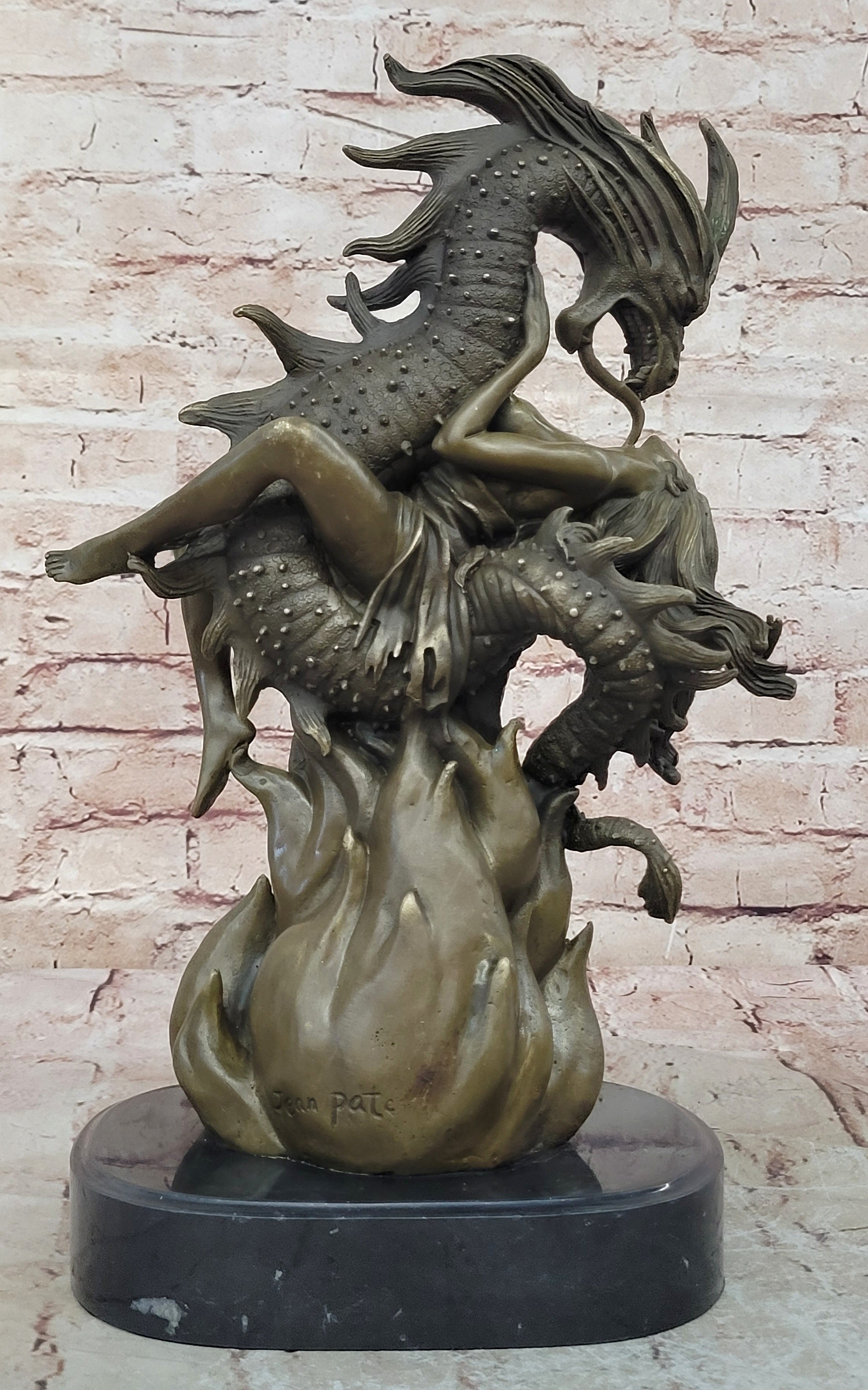 Handcrafted Hot Cast Nude Girl and Large Dragon Bronze Fantasy Sculpture Patoue