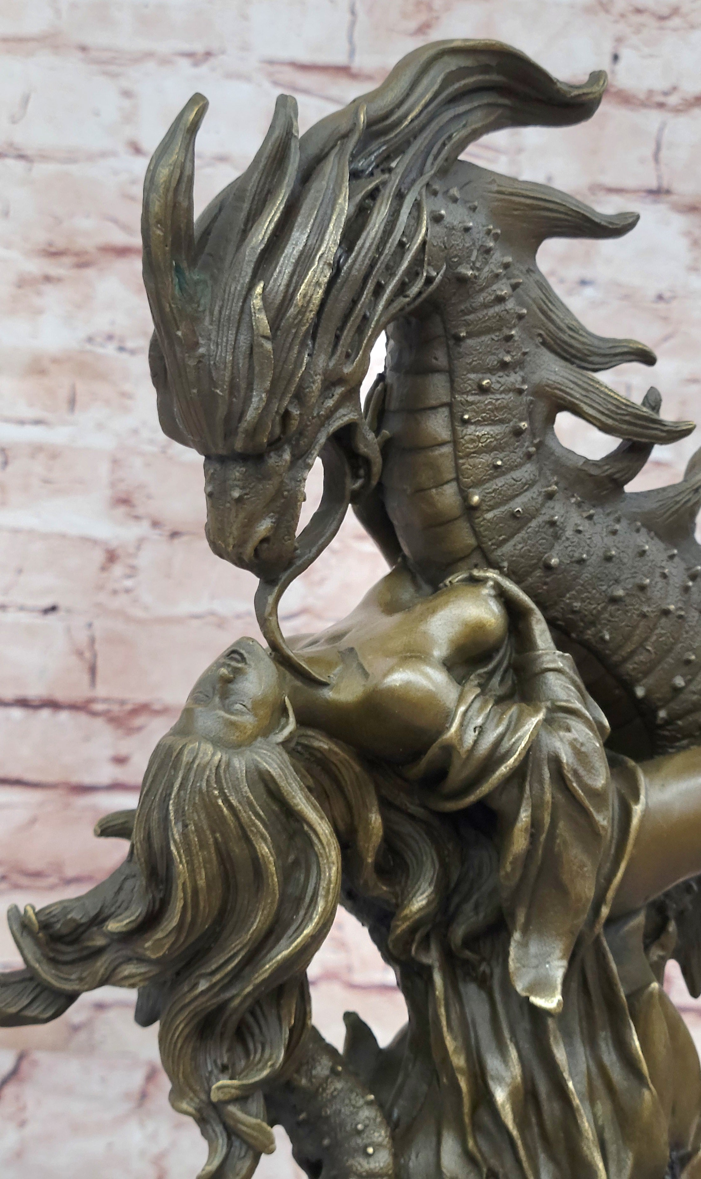 Handcrafted Hot Cast Nude Girl and Large Dragon Bronze Fantasy Sculpture Patoue