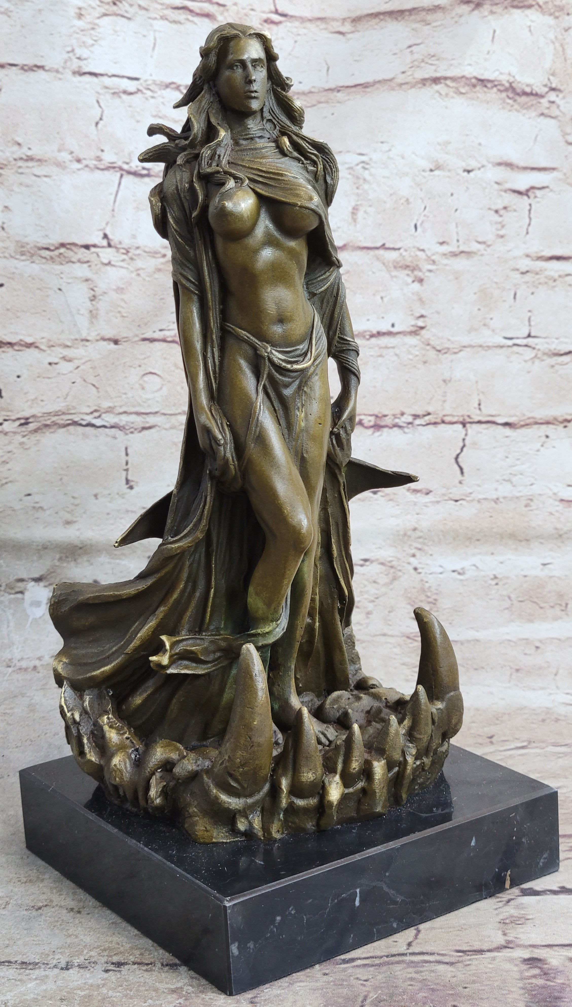 French Sexy Sorceress Nude Curvaceous Body Bronze Marble Statue Hot Cast Figure