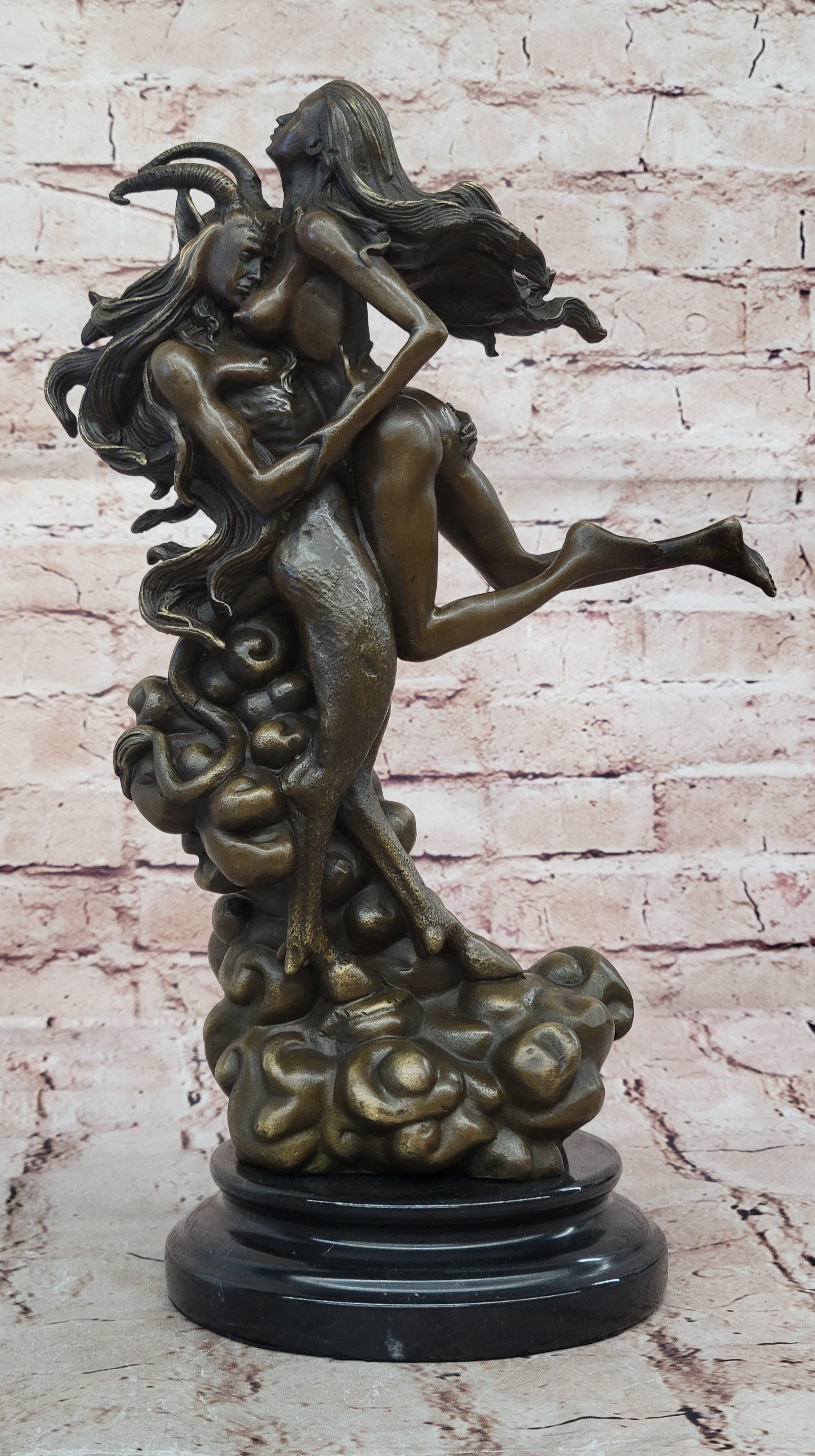 Buy Devil and Nude Female Classic Bronze Sculpture – Mythical Satyr Art Figurine with Marble Base for Sale