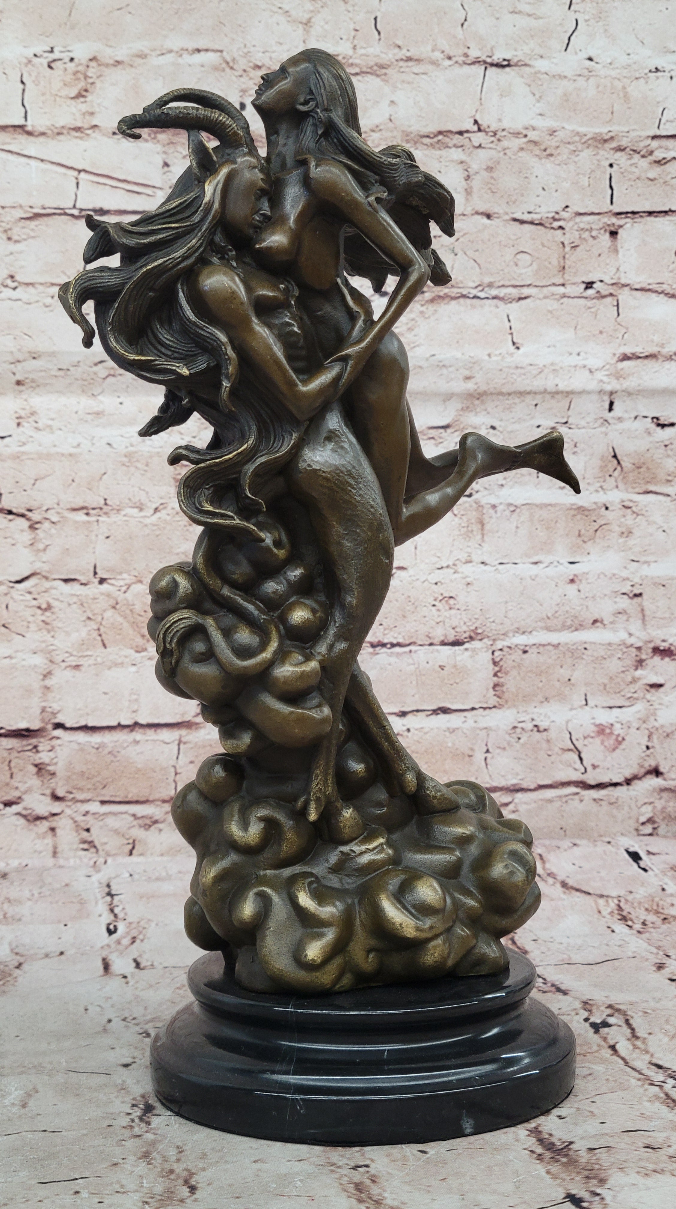 Buy Devil and Nude Female Classic Bronze Sculpture – Mythical Satyr Art Figurine with Marble Base for Sale