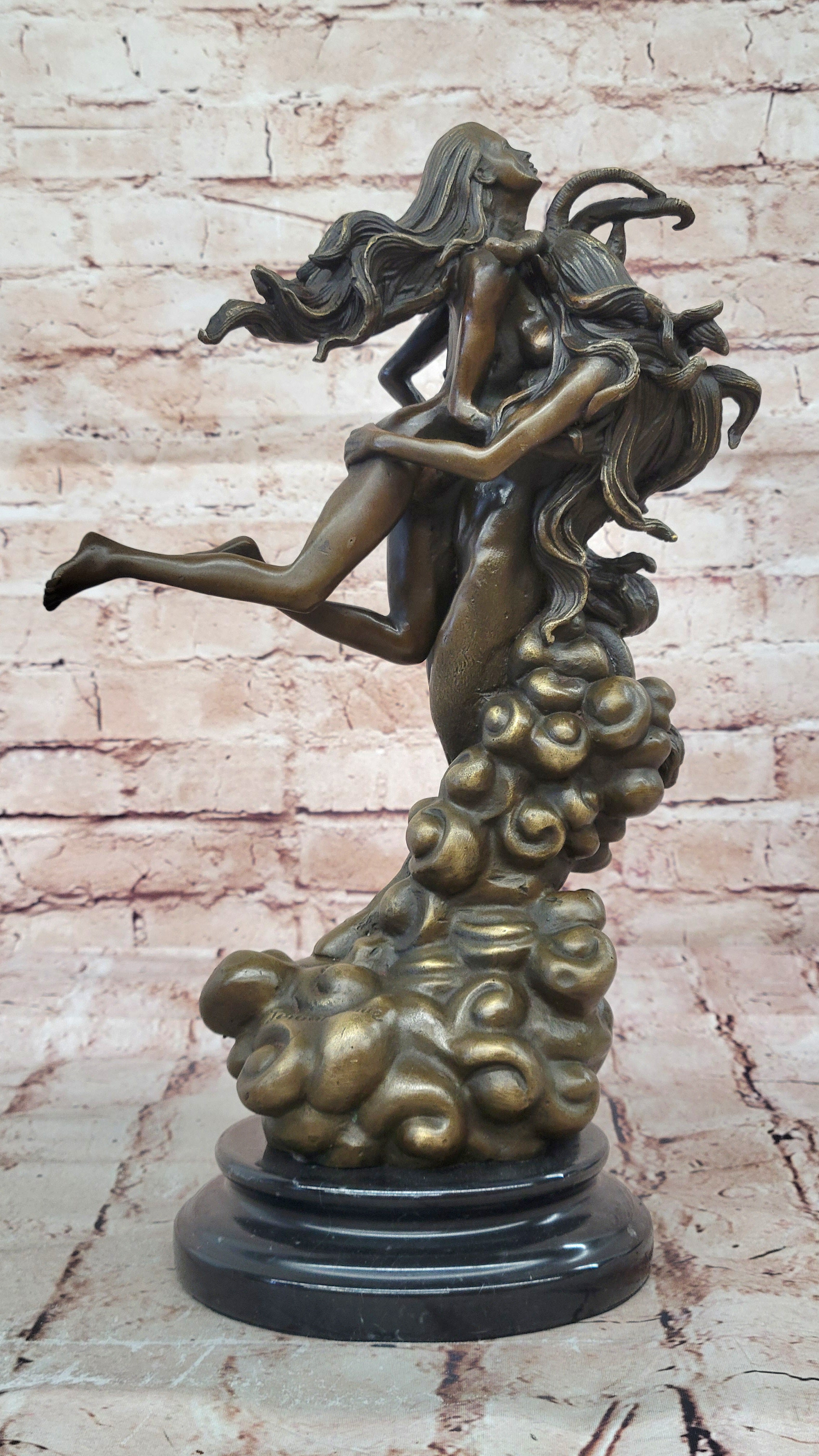 Buy Devil and Nude Female Classic Bronze Sculpture – Mythical Satyr Art Figurine with Marble Base for Sale