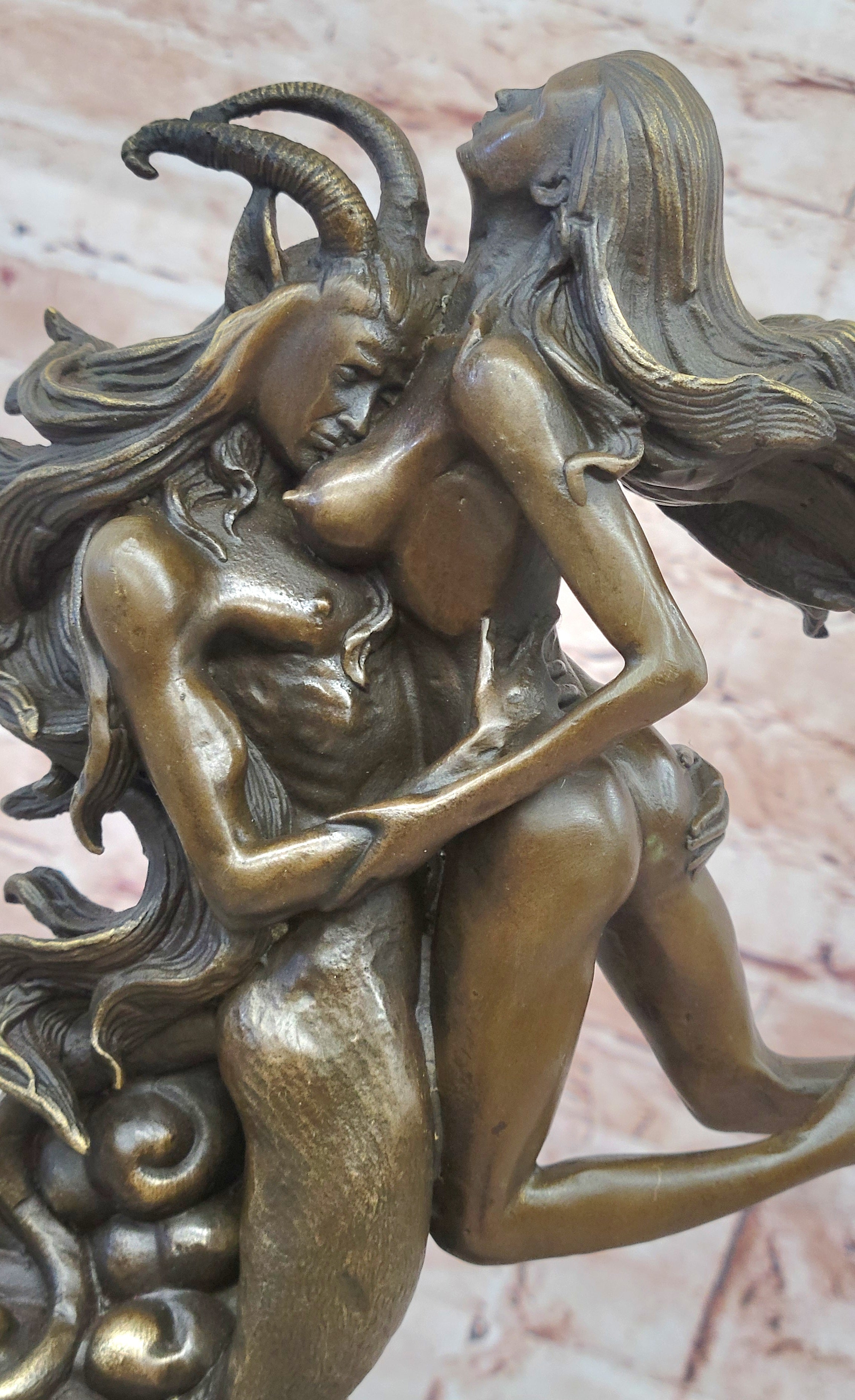 Buy Devil and Nude Female Classic Bronze Sculpture – Mythical Satyr Art Figurine with Marble Base for Sale