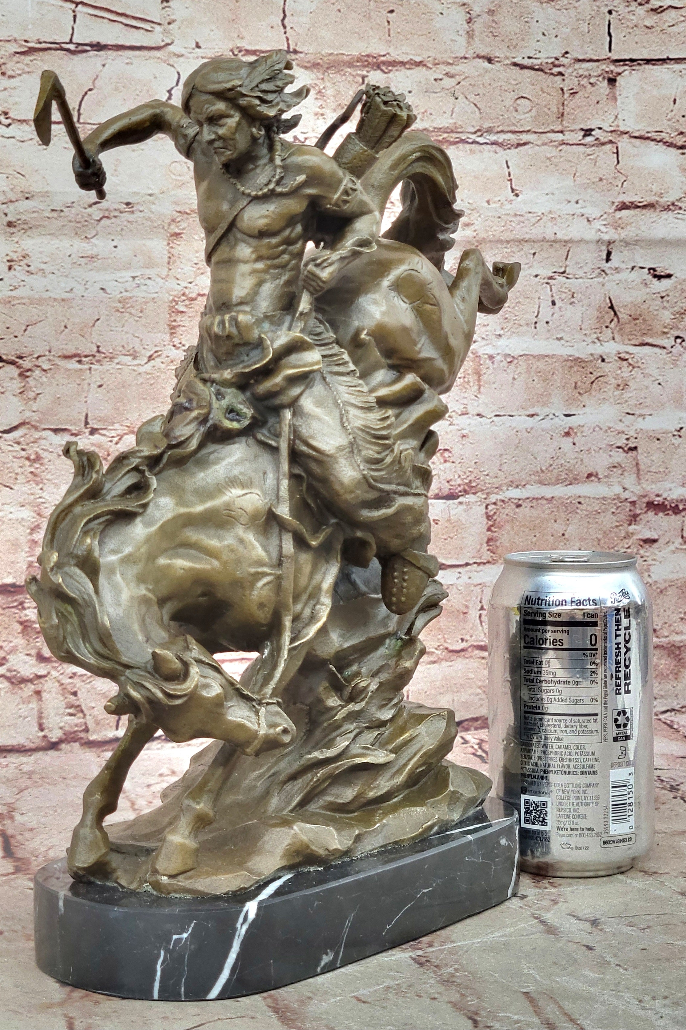 Bronze Sculpture Indian Chief Riding Horse With Axe Hot Cast Marble Base Figurine