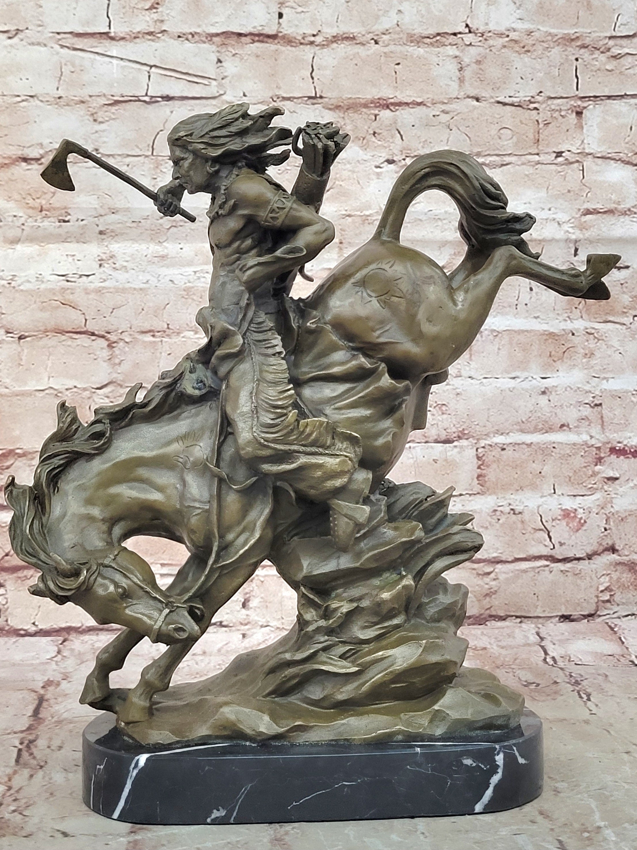 Bronze Sculpture Indian Chief Riding Horse With Axe Hot Cast Marble Base Figurine