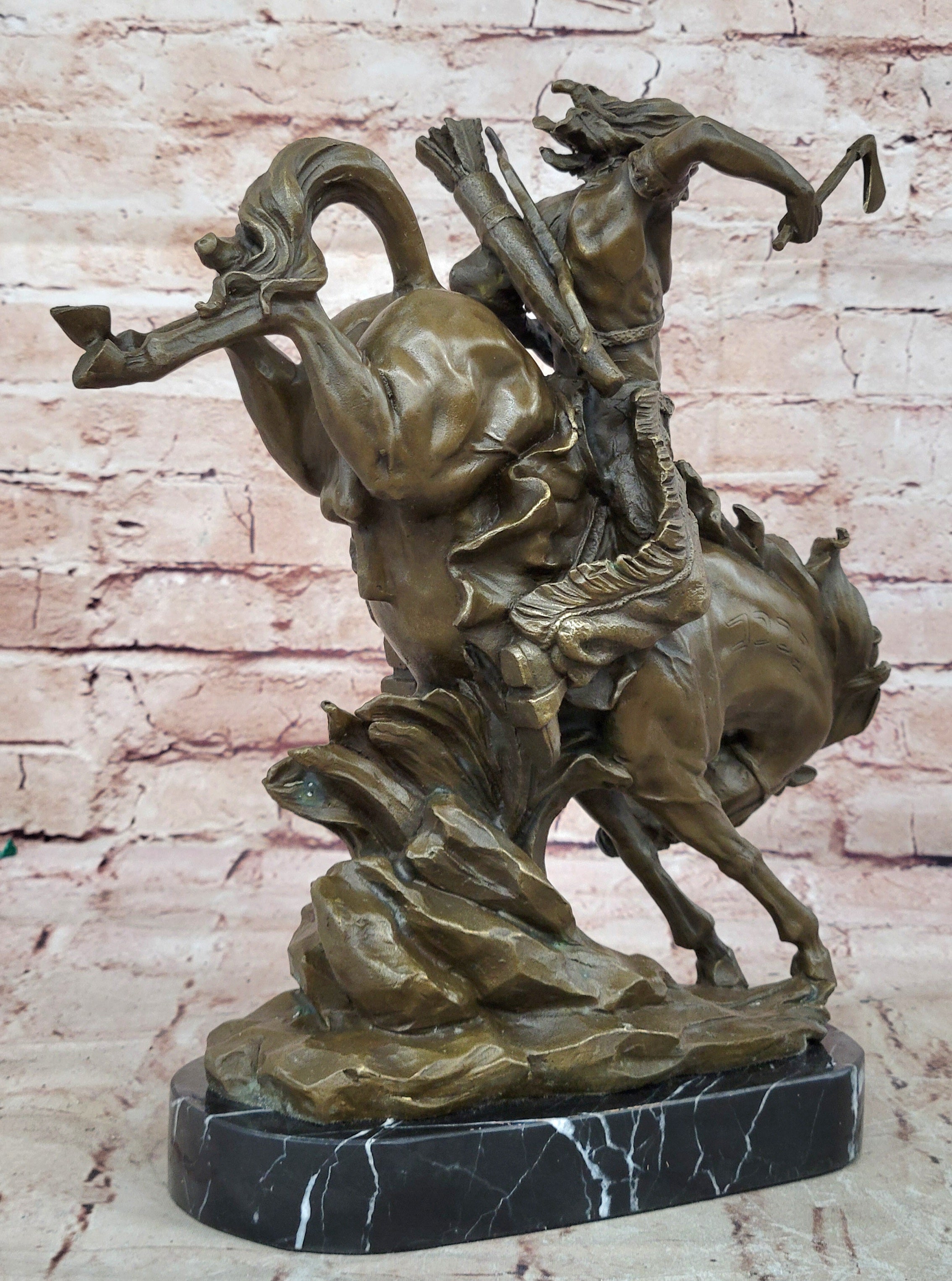Bronze Sculpture Indian Chief Riding Horse With Axe Hot Cast Marble Base Figurine