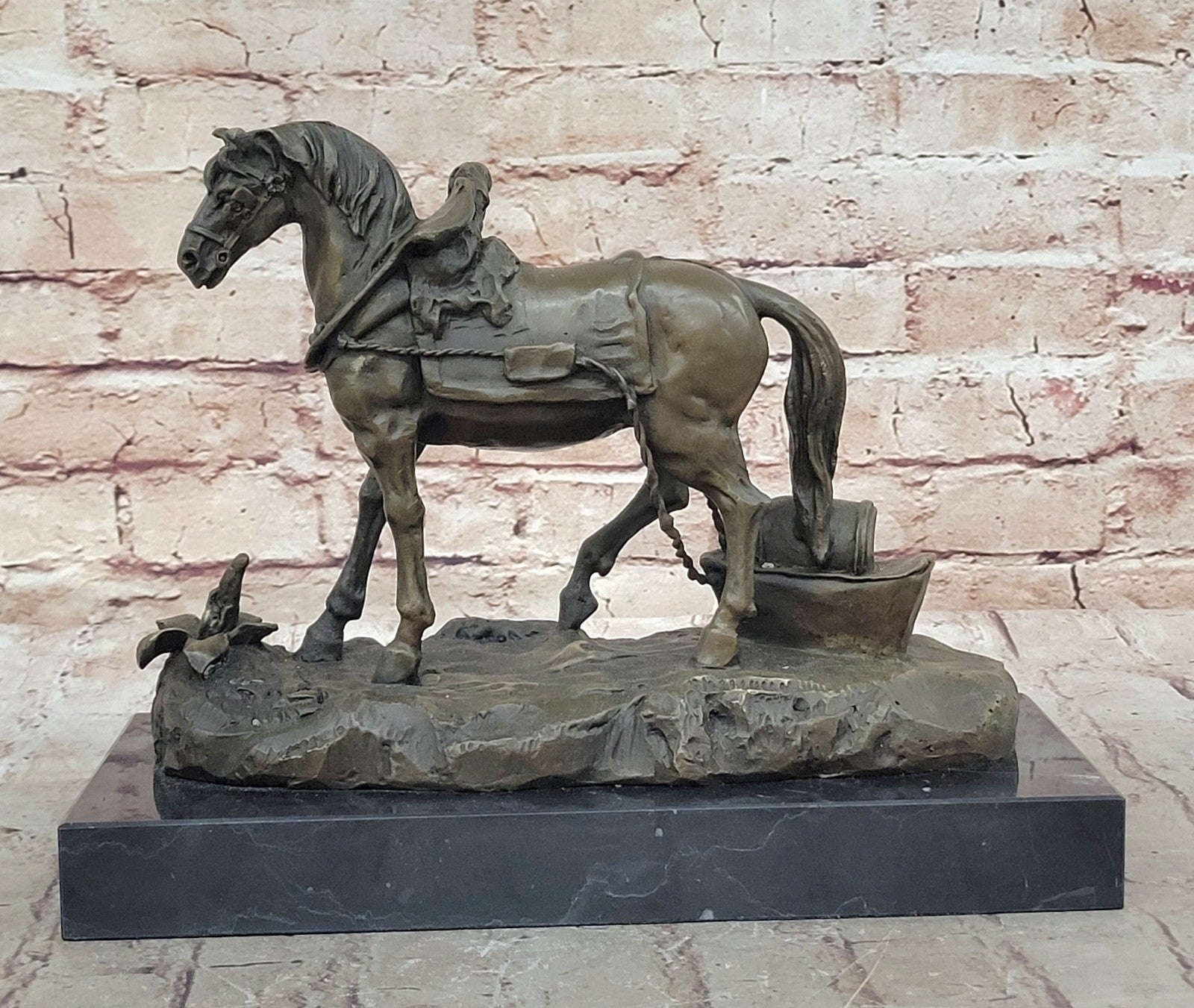 Handcrafted Work Horse Farm Bronze Sculpture Marble Base Figurine Figure