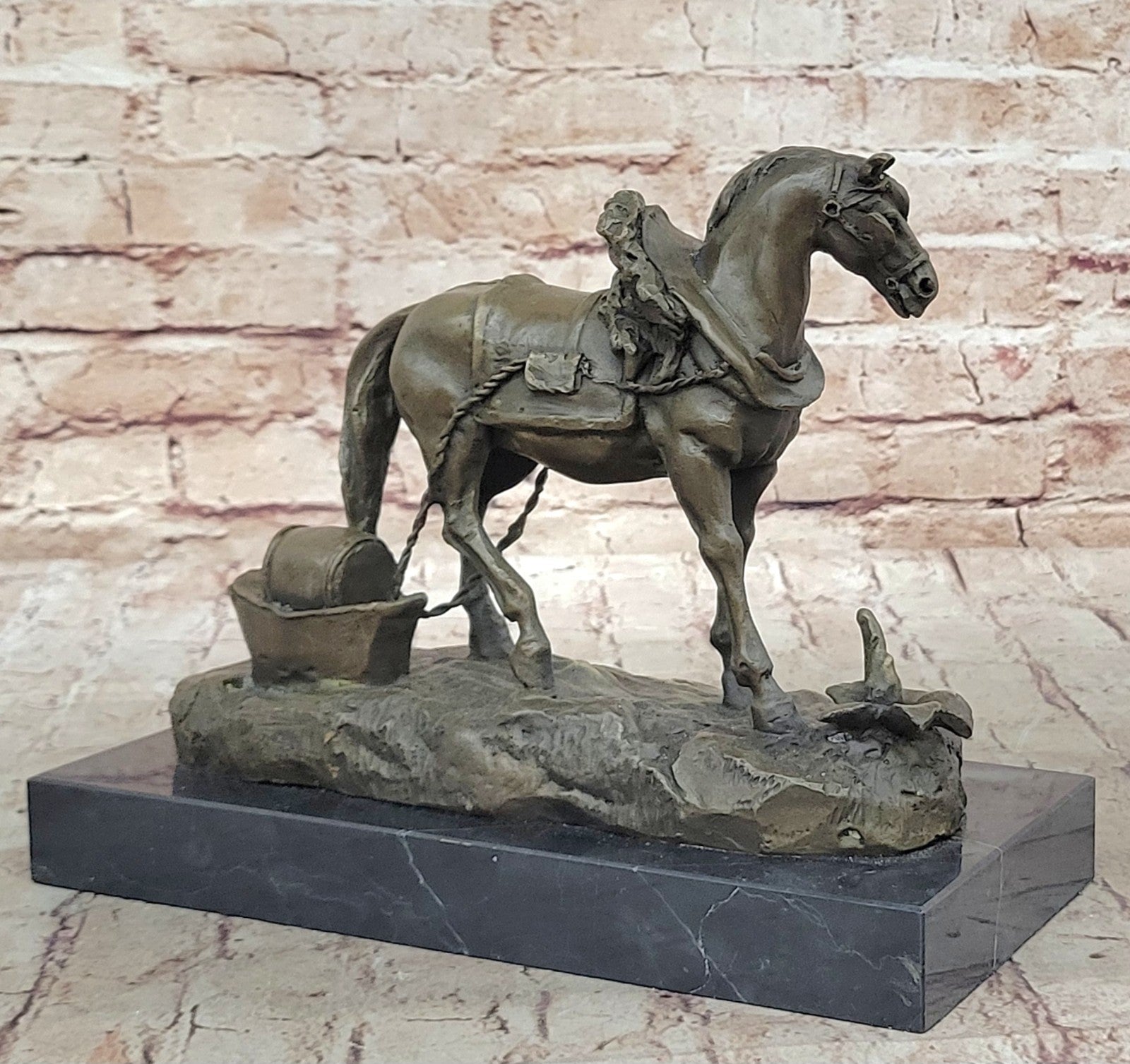 Handcrafted Work Horse Farm Bronze Sculpture Marble Base Figurine Figure