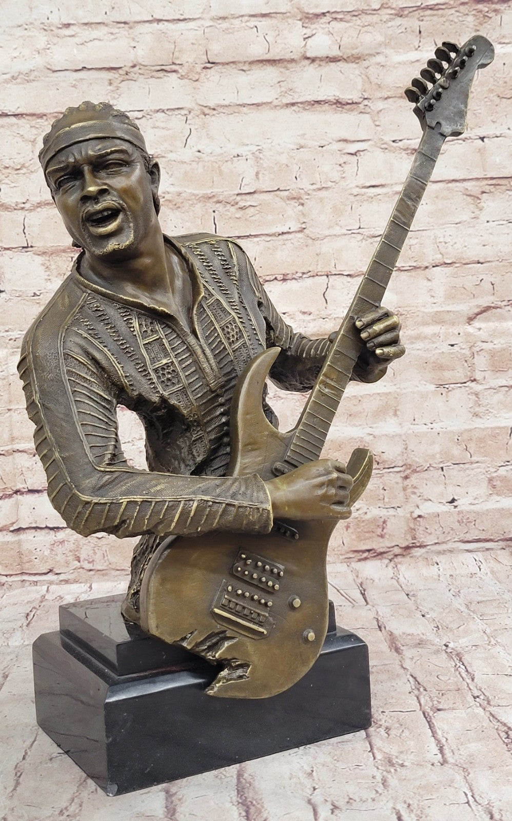 Signed Original Black Guitar Player Singer Bronze Sculpture Marble Statue Figure