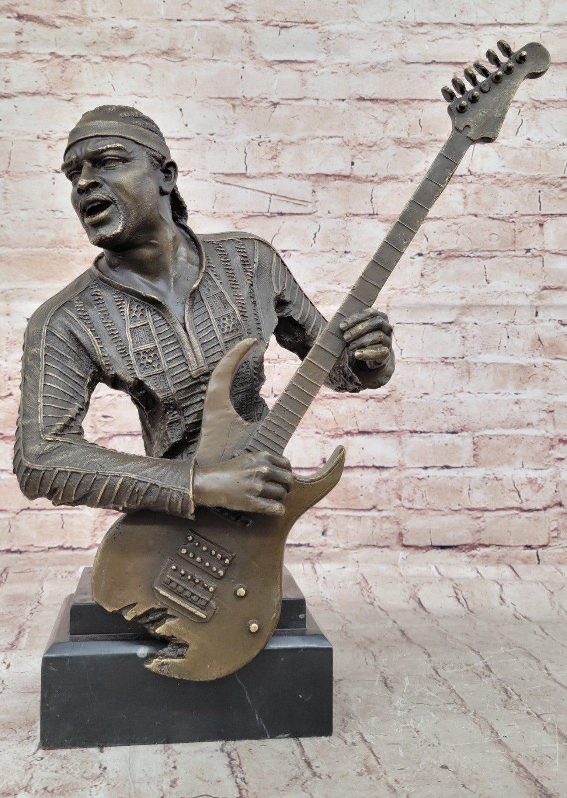 Signed Original Black Guitar Player Singer Bronze Sculpture Marble Statue Figure