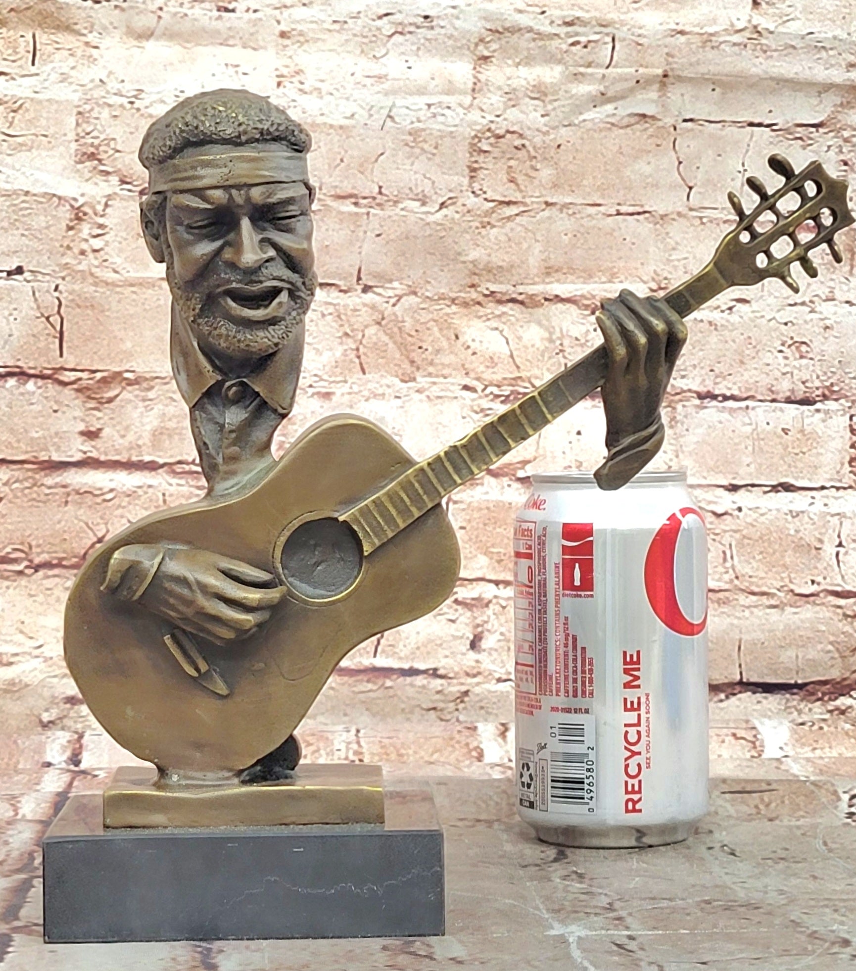 UNUSUAL MID-CENTURY MODERNIST solid 9 1/2" BRONZE SCULPTURE- BASE GUITAR PLAYER