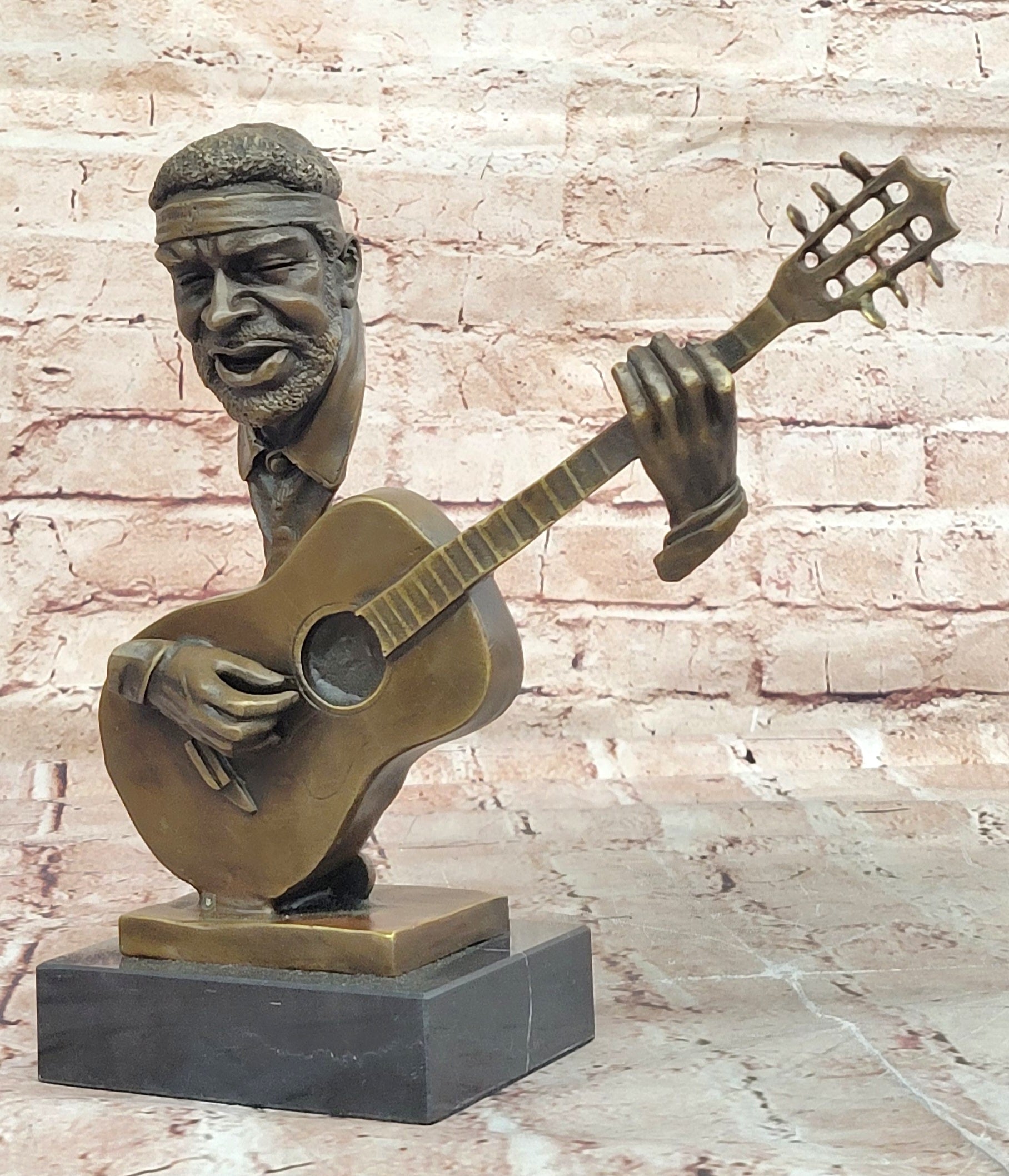 UNUSUAL MID-CENTURY MODERNIST solid 9 1/2" BRONZE SCULPTURE- BASE GUITAR PLAYER