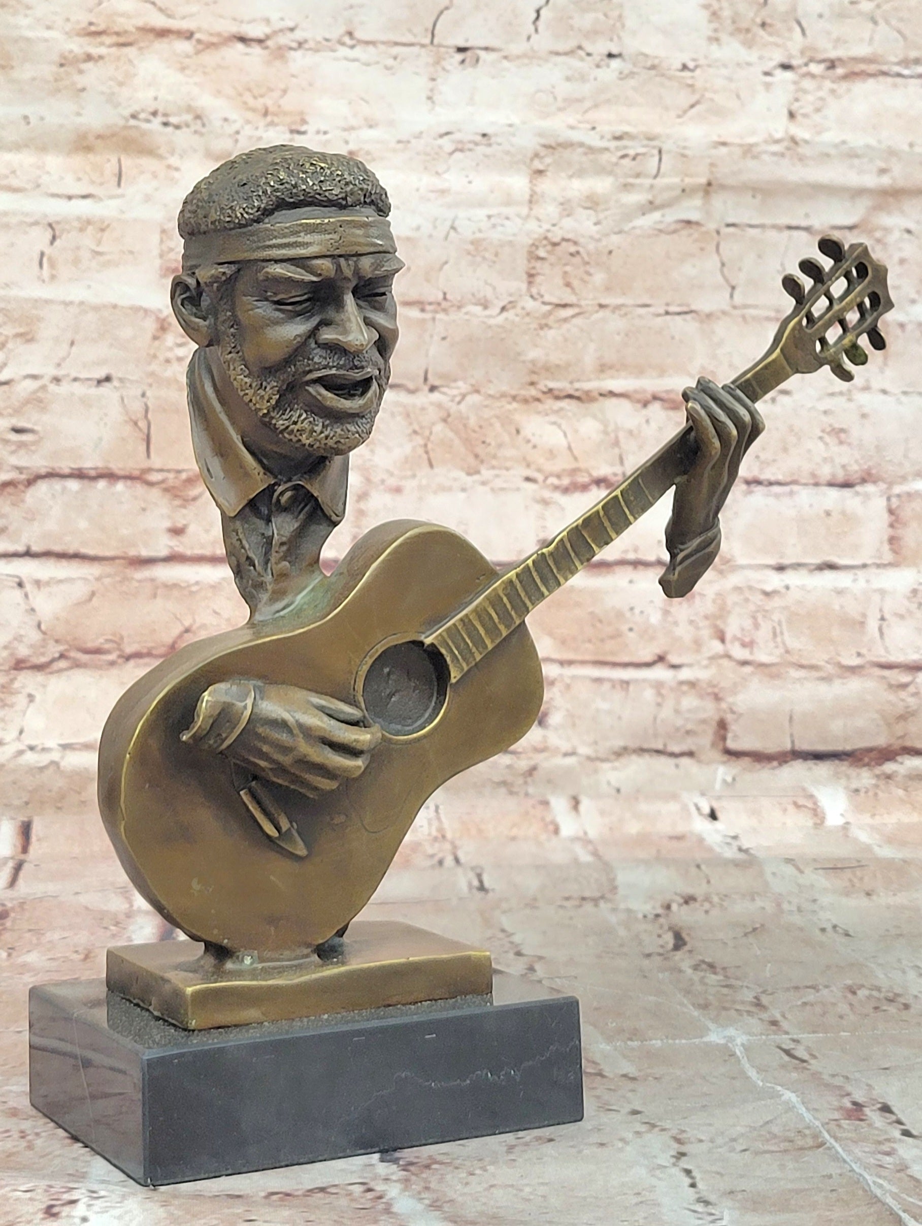 UNUSUAL MID-CENTURY MODERNIST solid 9 1/2" BRONZE SCULPTURE- BASE GUITAR PLAYER