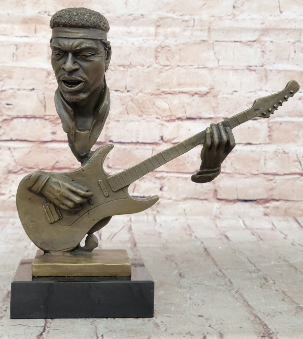 Bronze Statue of Guitar Player Hot Cast Sculpture Marble Base Figurine Home Decor