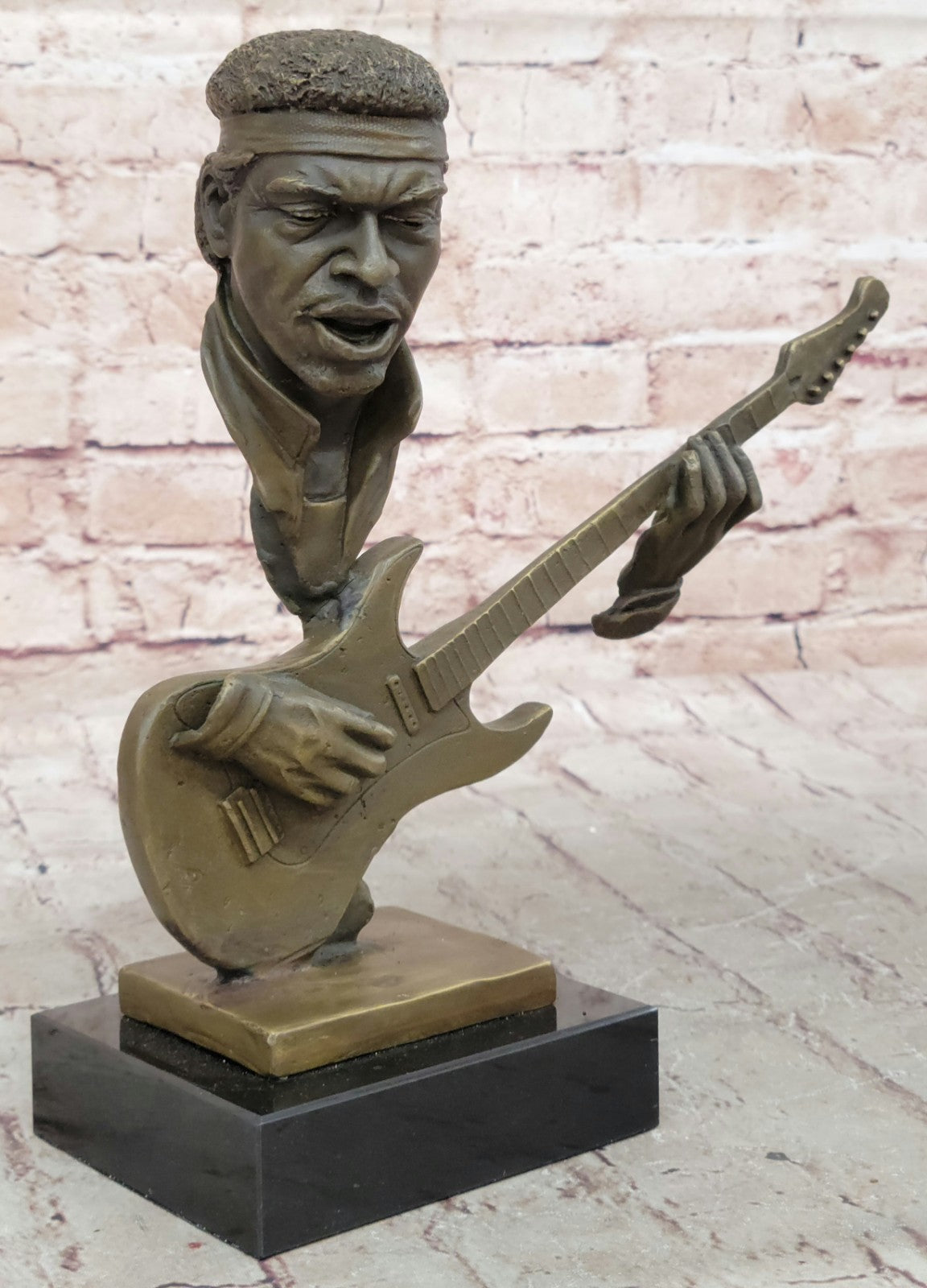 Bronze Statue of Guitar Player Hot Cast Sculpture Marble Base Figurine Home Decor