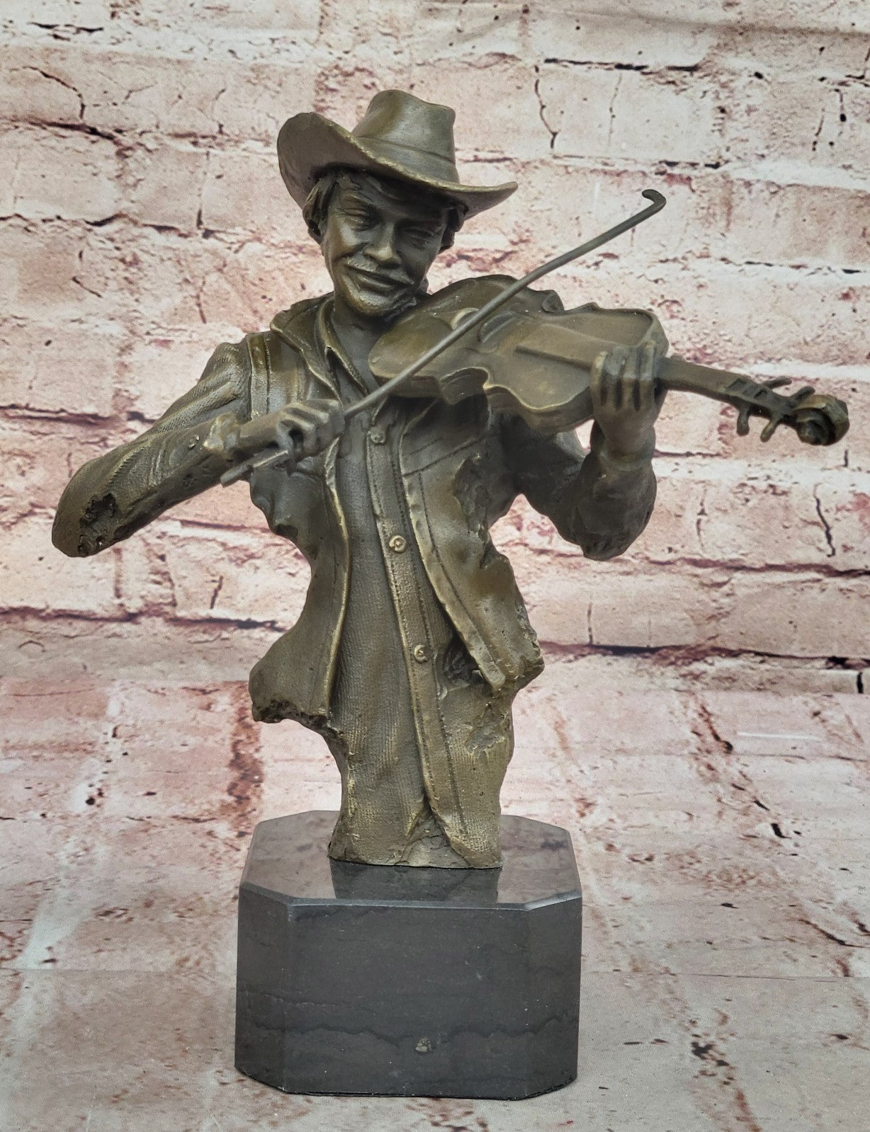 Bronze sculpture of a cowboy playing a fiddle Hot Cast Western Old West Art