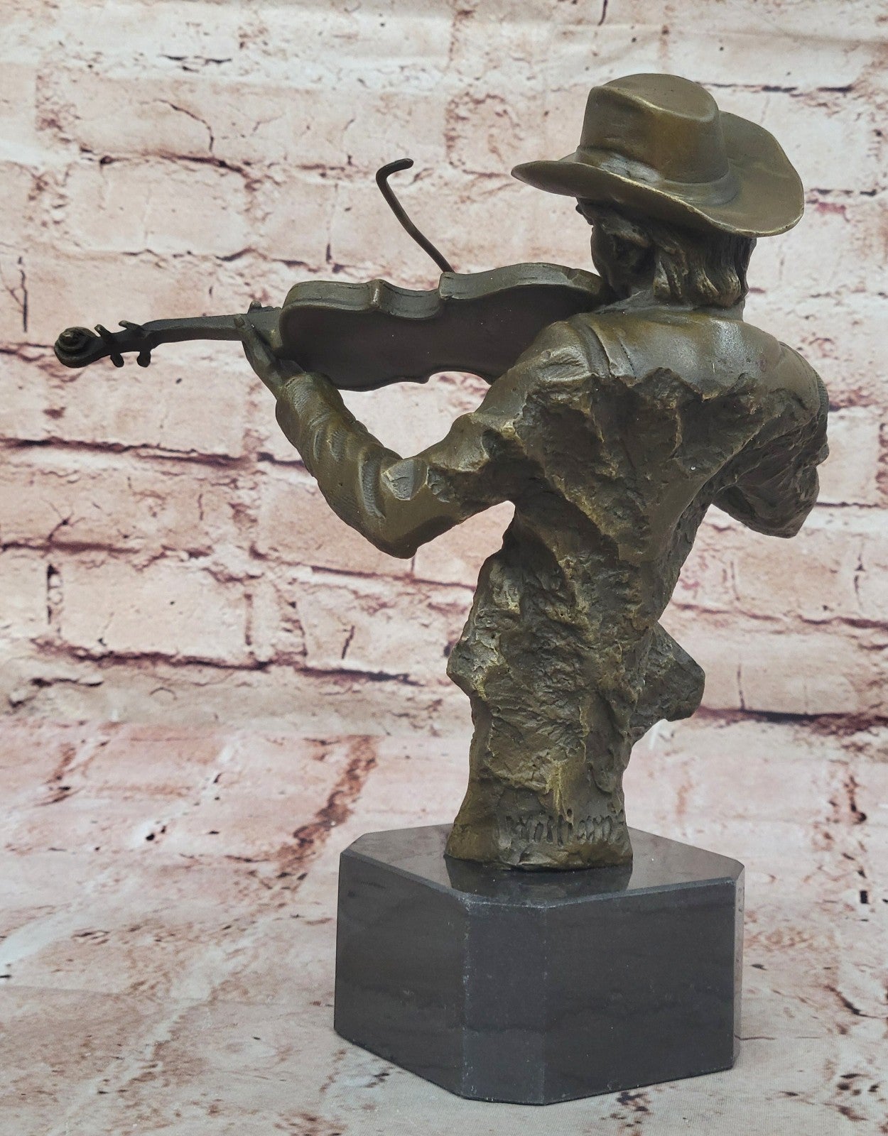 Bronze sculpture of a cowboy playing a fiddle Hot Cast Western Old West Art