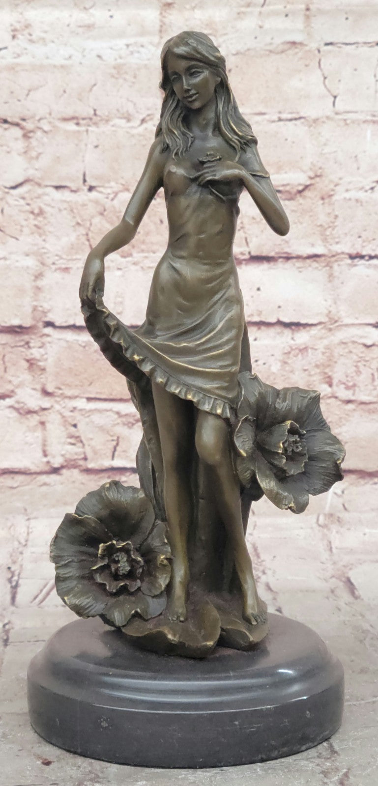 Art Deco Bronze Maiden: Signed Moreau Lily Girl with Flowers - Collectible Statue