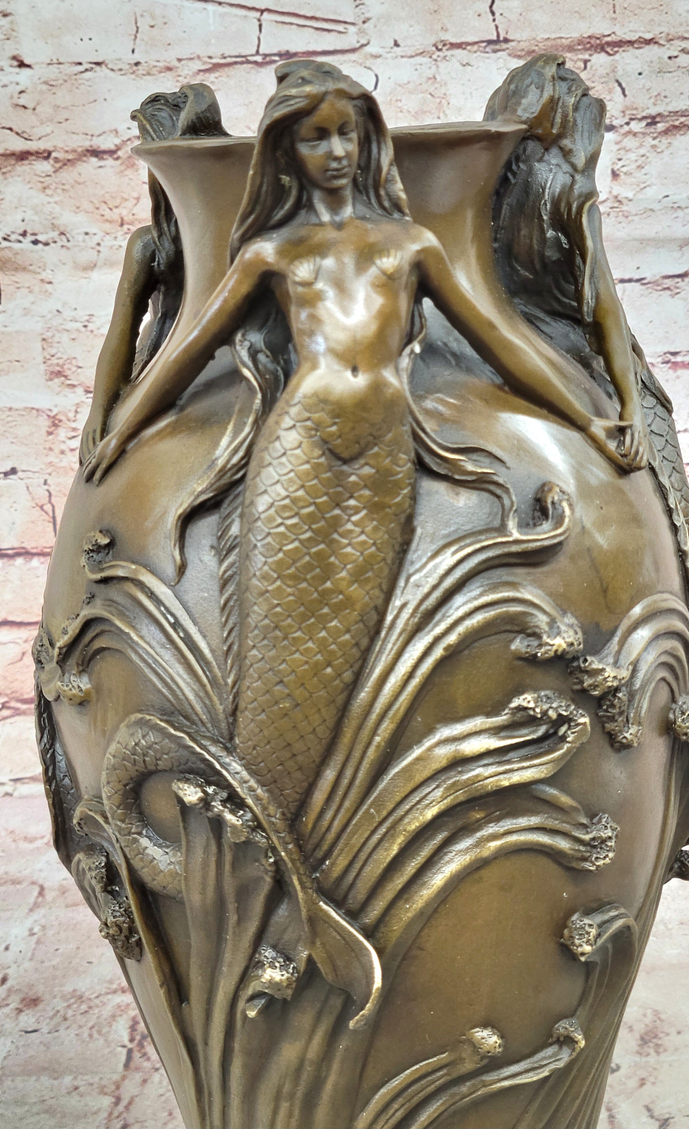 Bronze Sculpture Handcrafted Mermaid Vase Planter Home Office Decoration