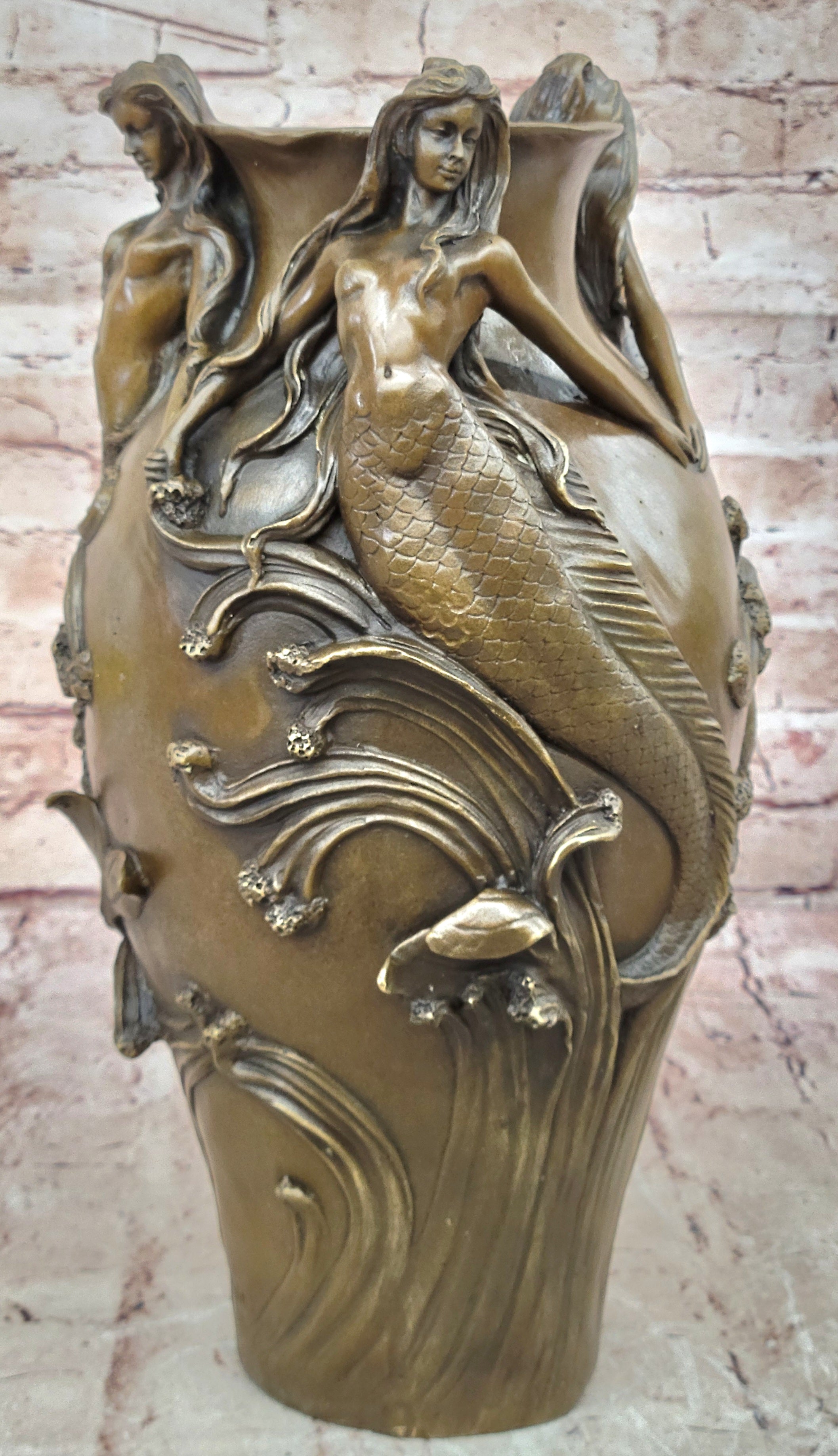 Bronze Sculpture Handcrafted Mermaid Vase Planter Home Office Decoration