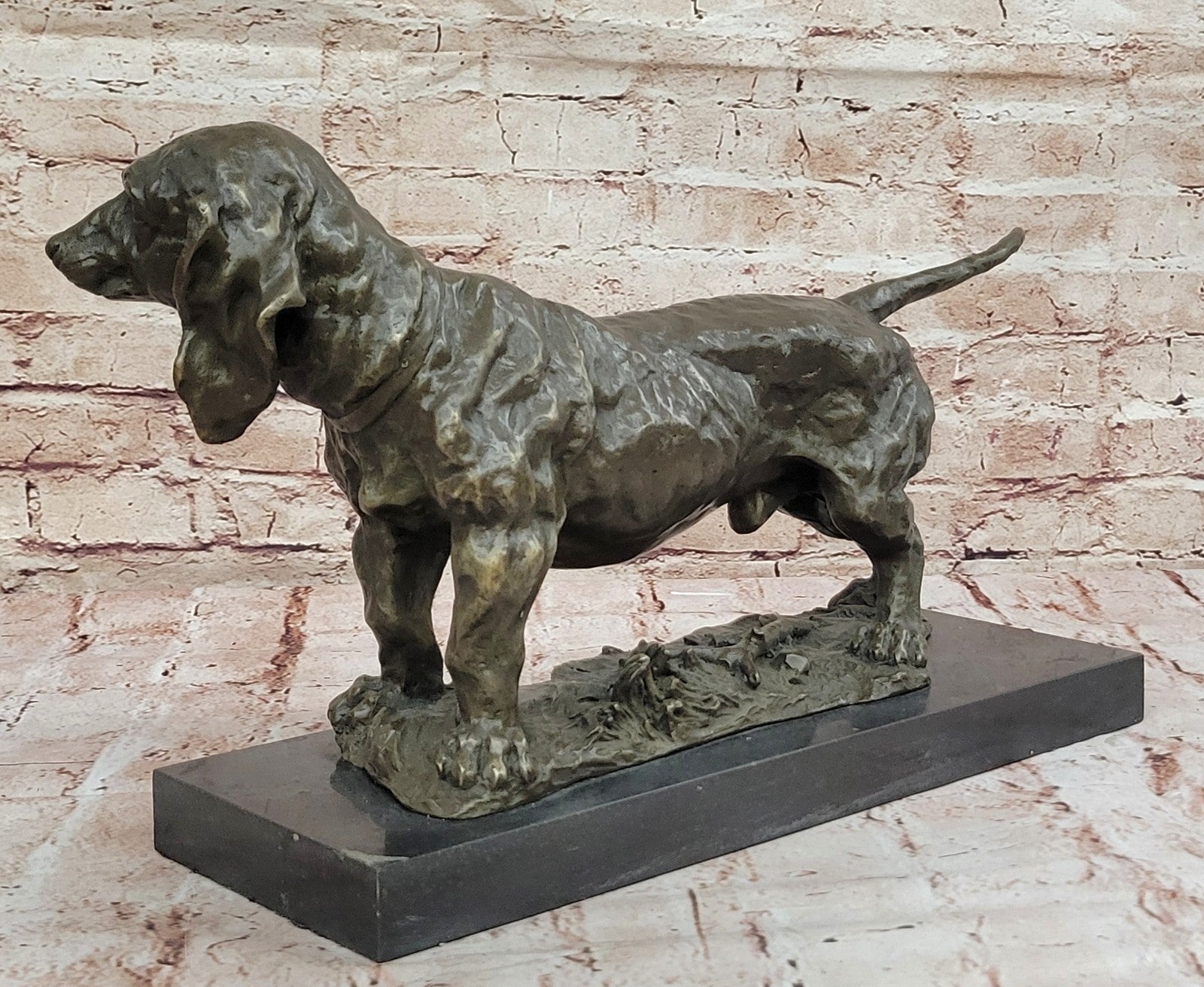 Handcrafted bronze sculpture SALE Bas Marble On Deco Art Dog Hound Basset Large