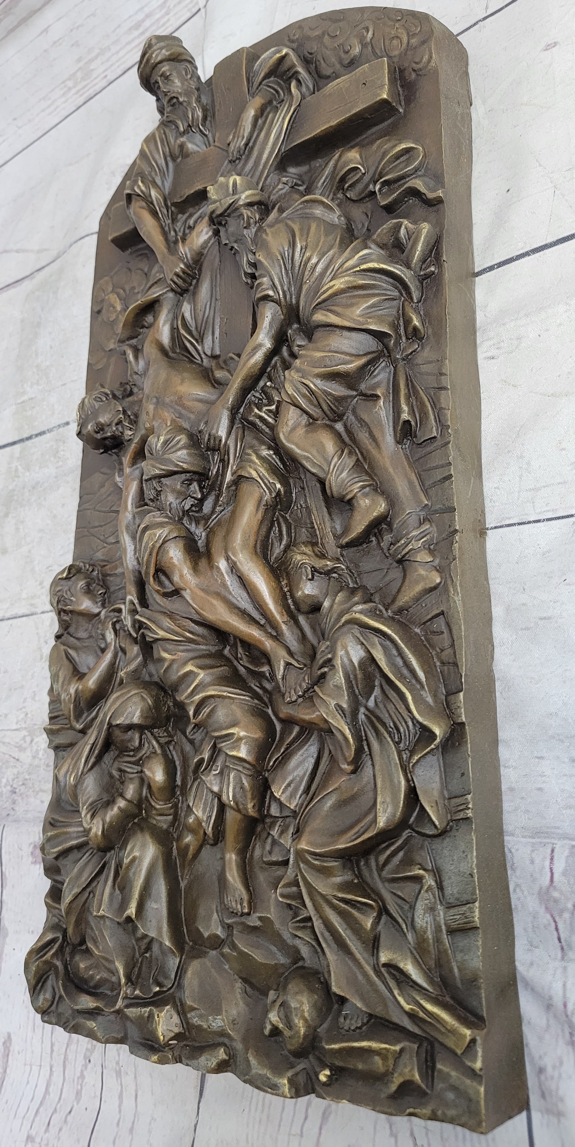 16 Inch Hot Cast by Lost Wax Crucifix Religious Wall Plaque, 100% Pure Bronze