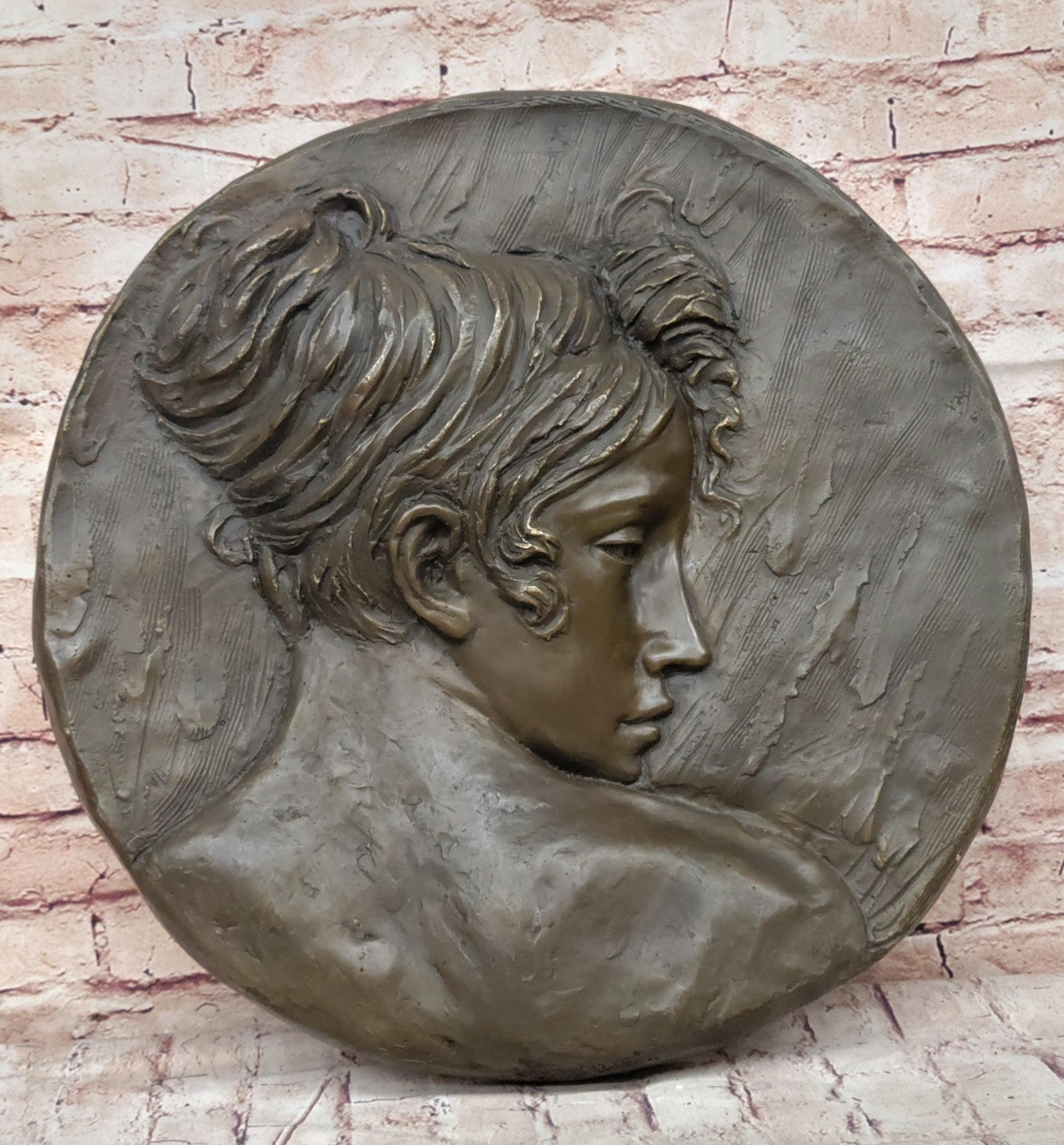 Original Hand Crafted Large Bas Relief Plaque Woman Face Bronze Sculpture Statue