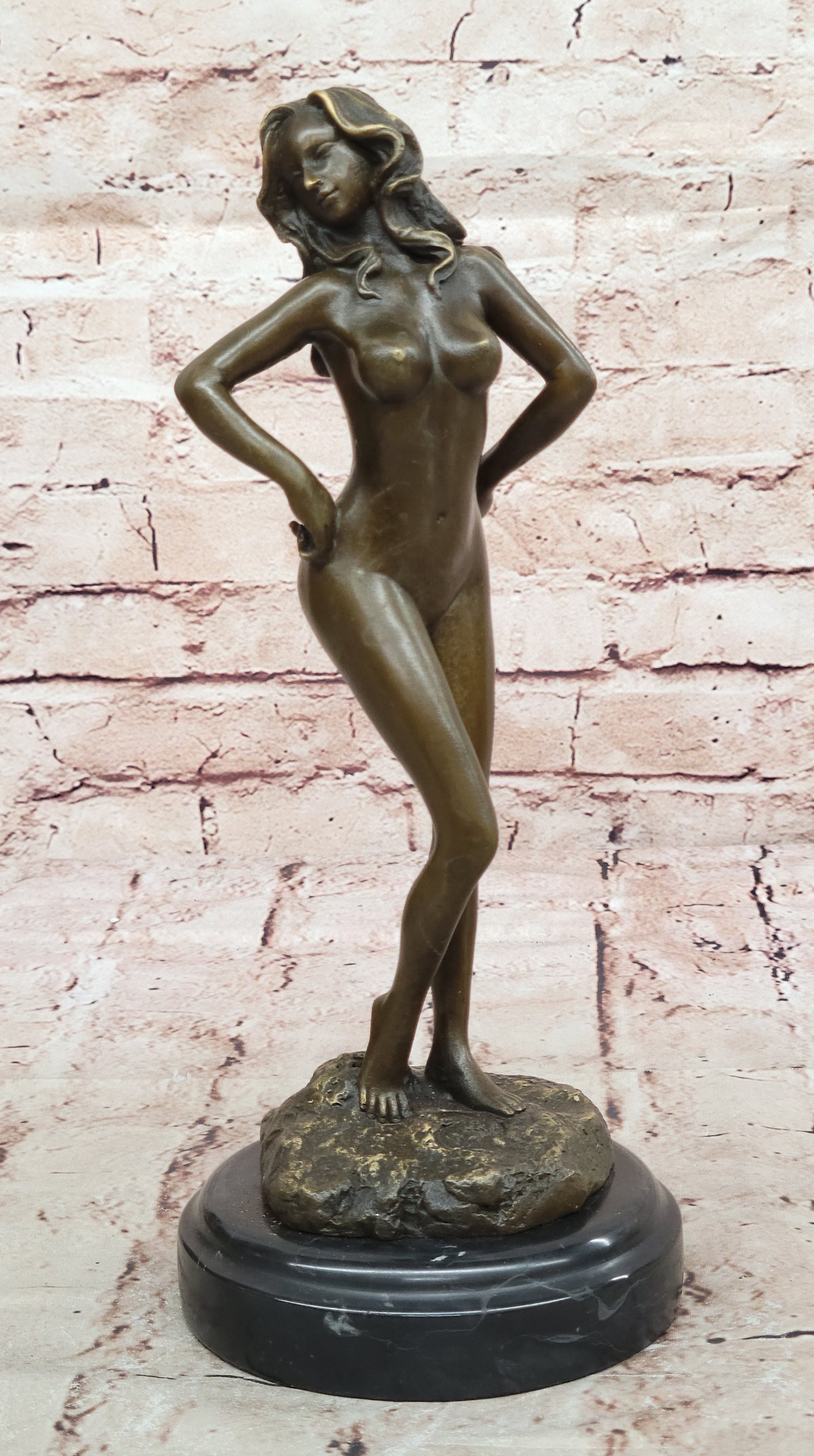 Solid Bronze sculpture undress nude women girl lady statue marble base Figurine