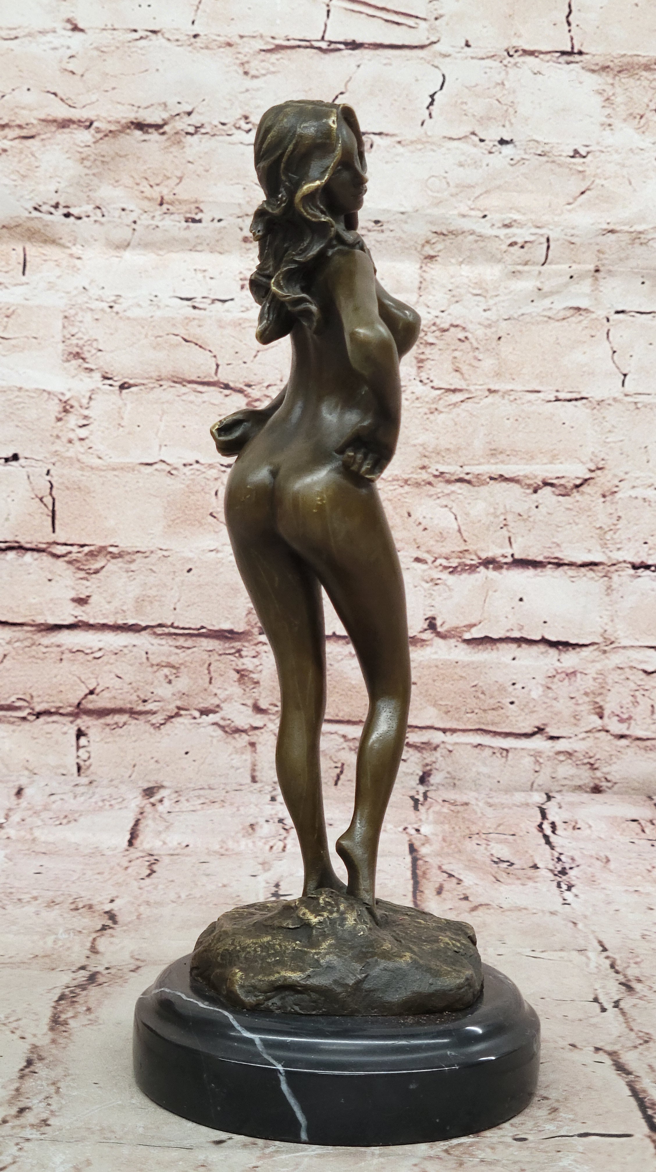Solid Bronze sculpture undress nude women girl lady statue marble base Figurine