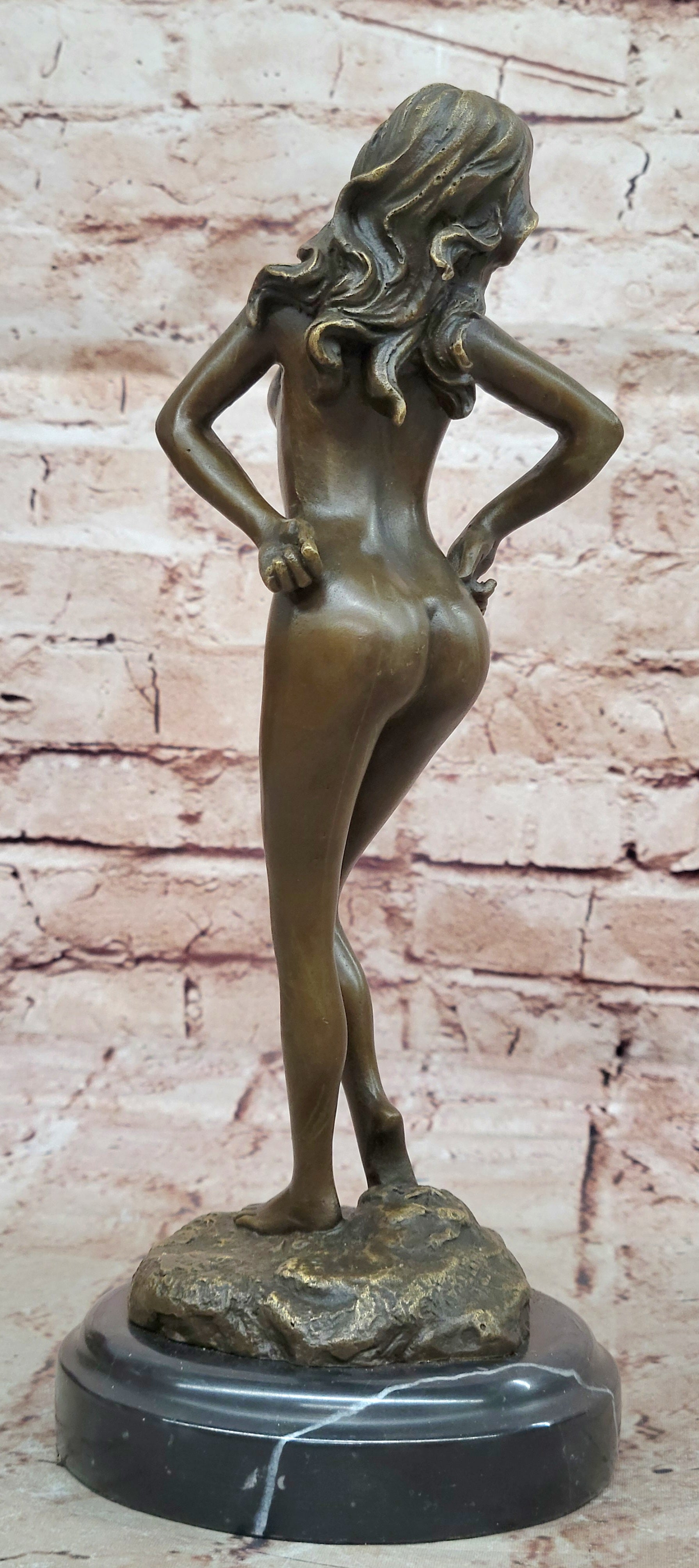 Solid Bronze sculpture undress nude women girl lady statue marble base Figurine