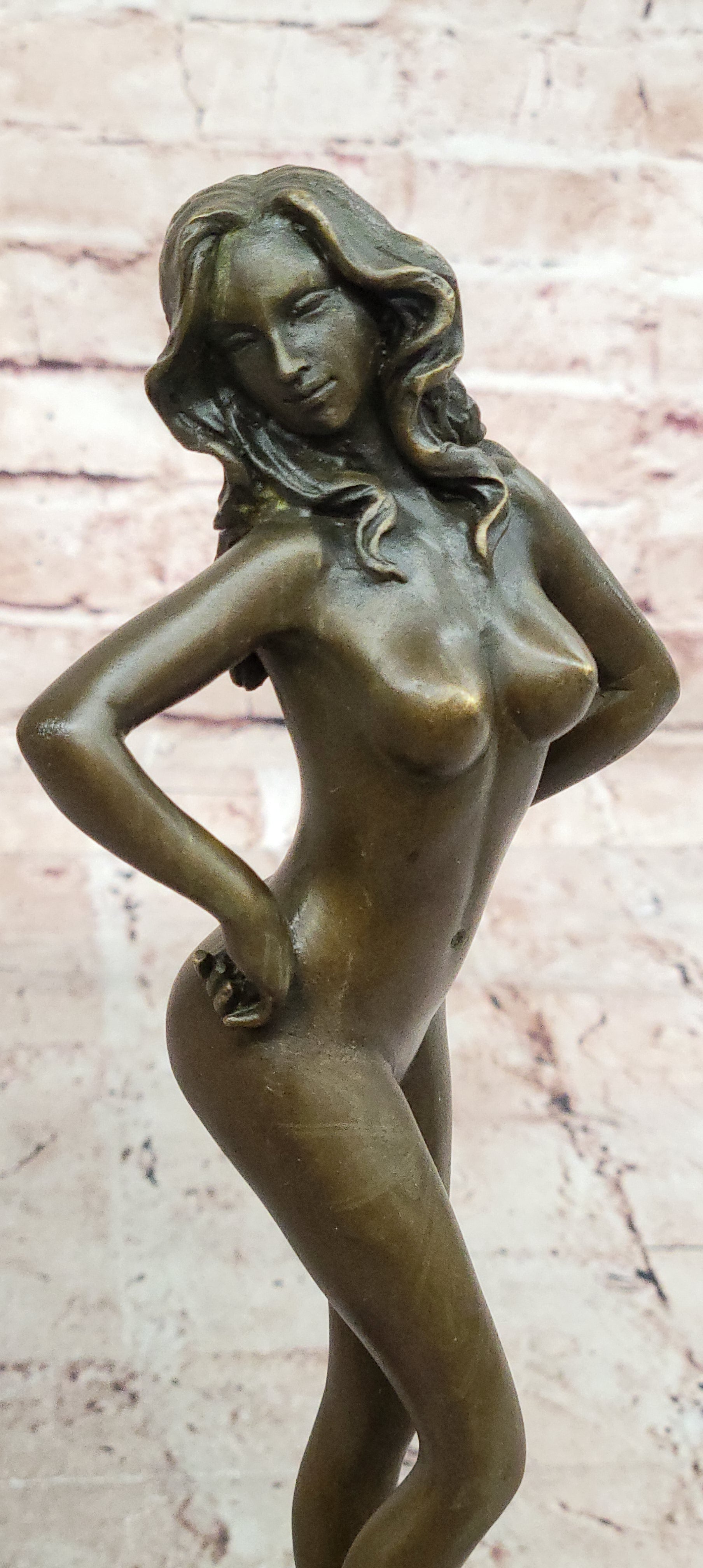Solid Bronze sculpture undress nude women girl lady statue marble base Figurine