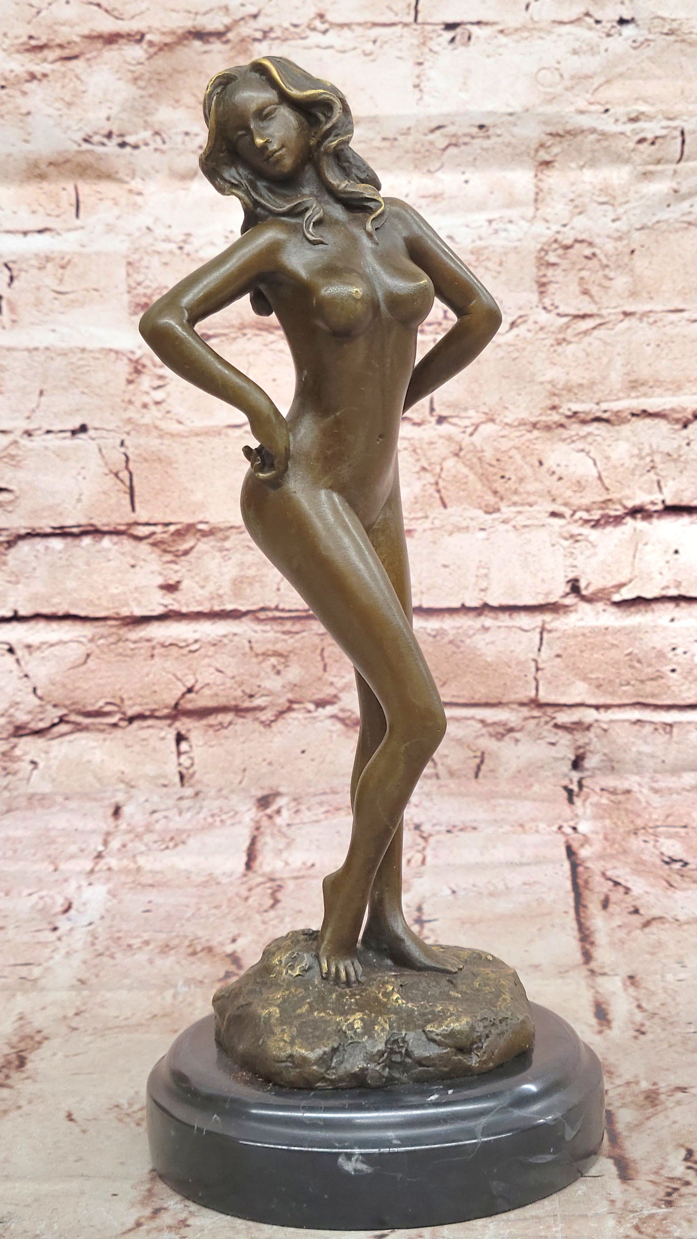 Solid Bronze sculpture undress nude women girl lady statue marble base Figurine