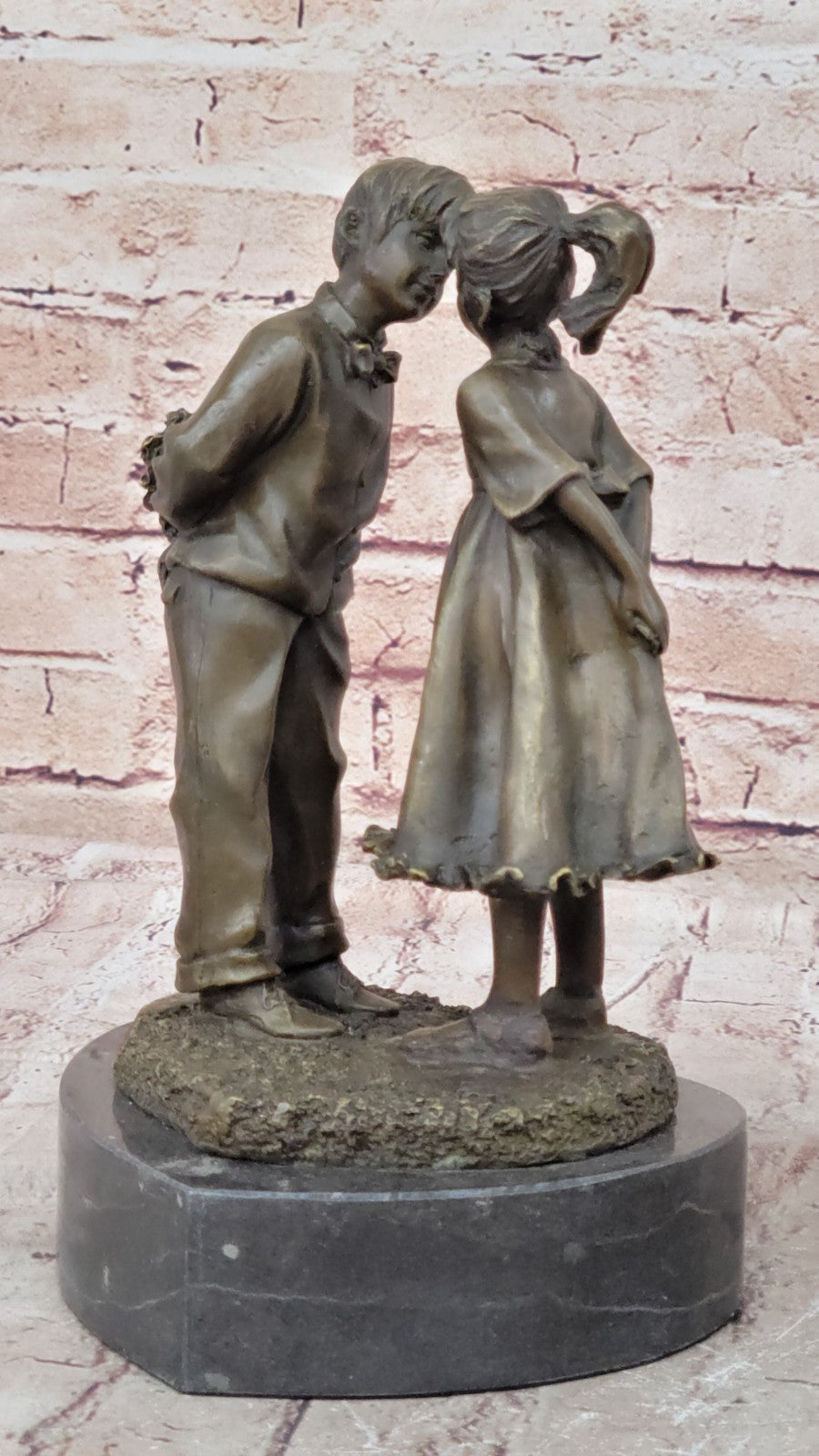 Bronze Sculpture Children Figurine Boy and Girl Kissing Hot Cast Statue Home Art
